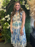 Blue Print Ruffle Sleeve Maxi