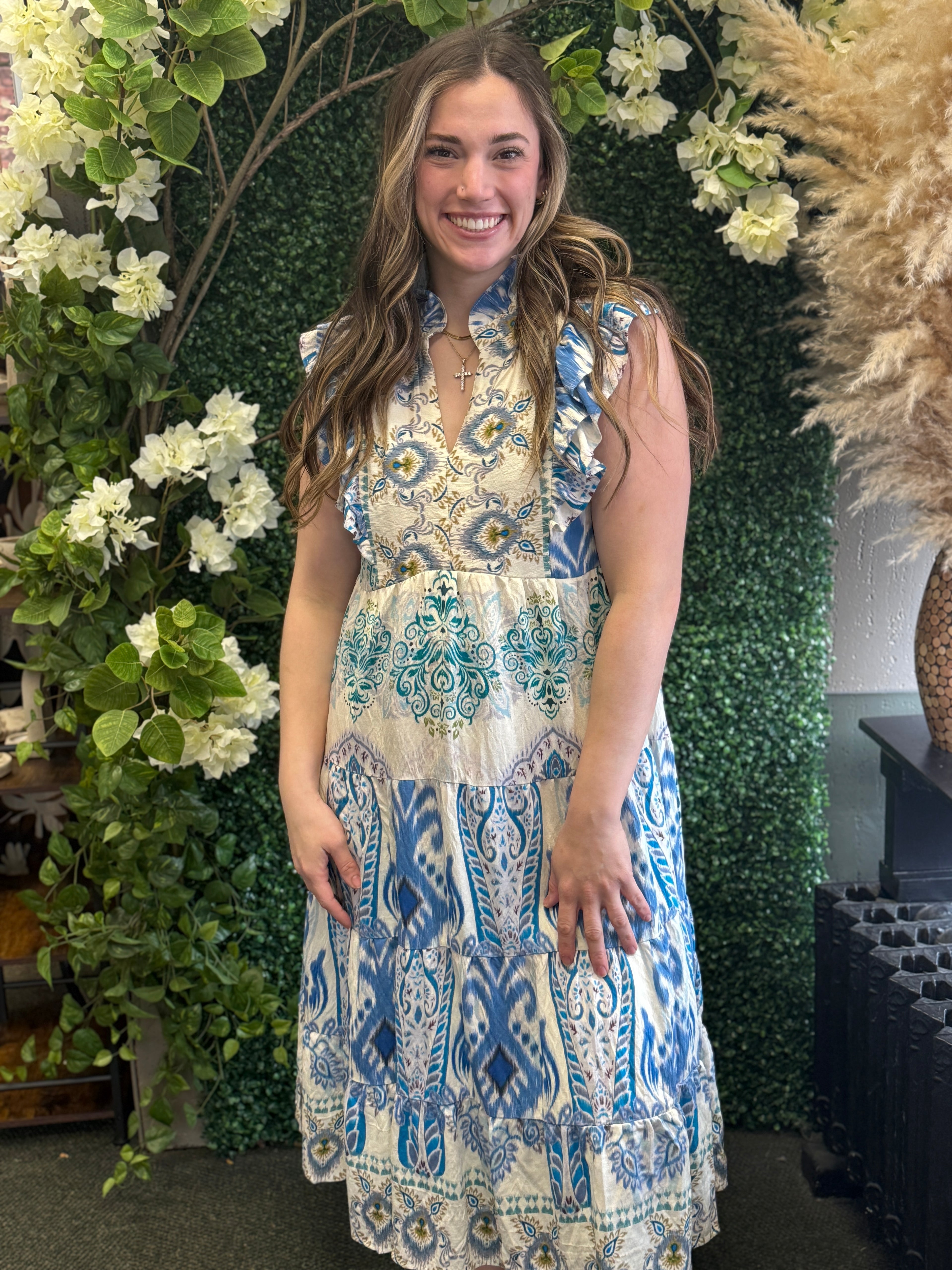 Blue Print Ruffle Sleeve Maxi