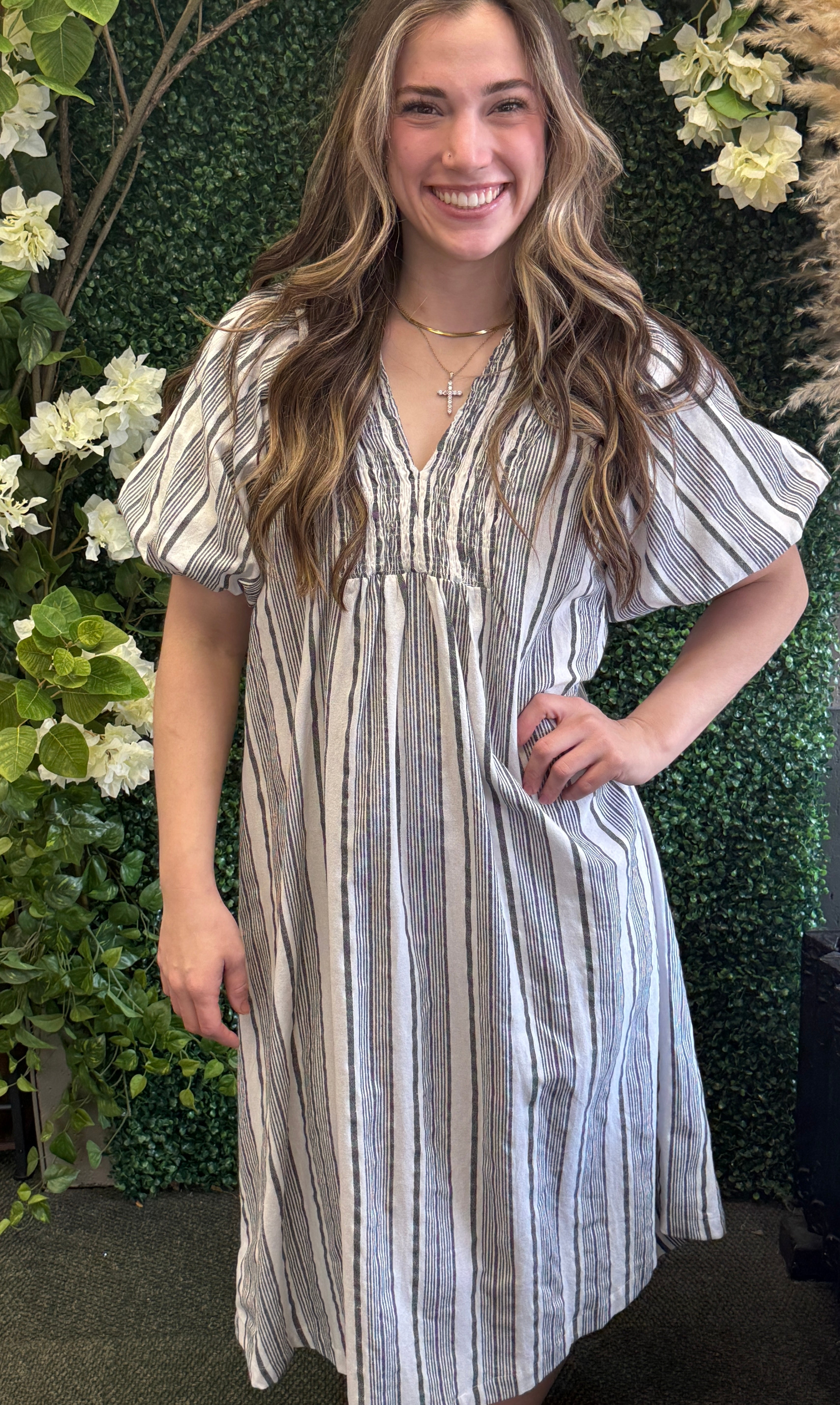 Striped Bubble Sleeve Dress