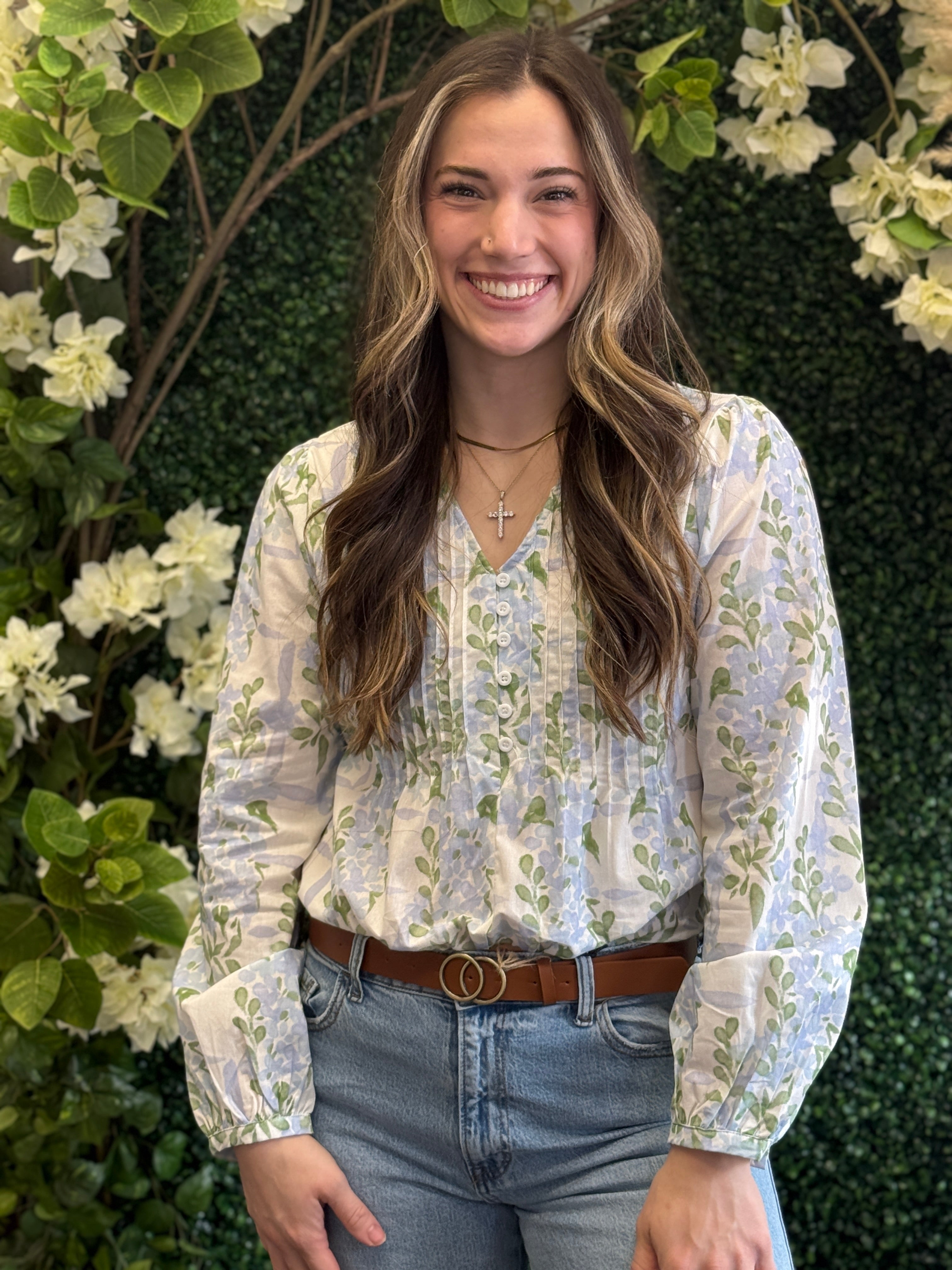 Vneck Pin Tuck Floral Blouse