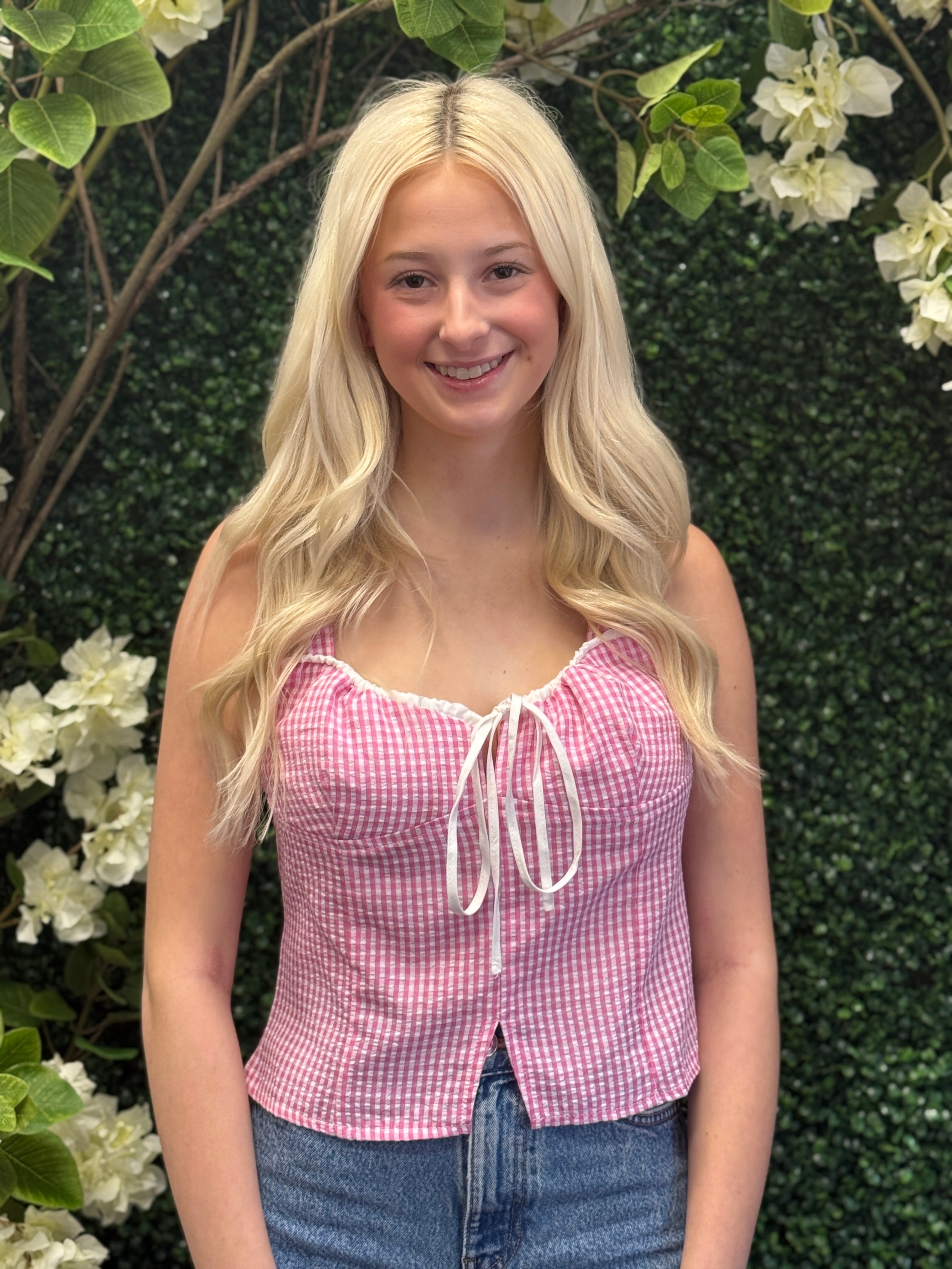 Pink Checkered Bow Top