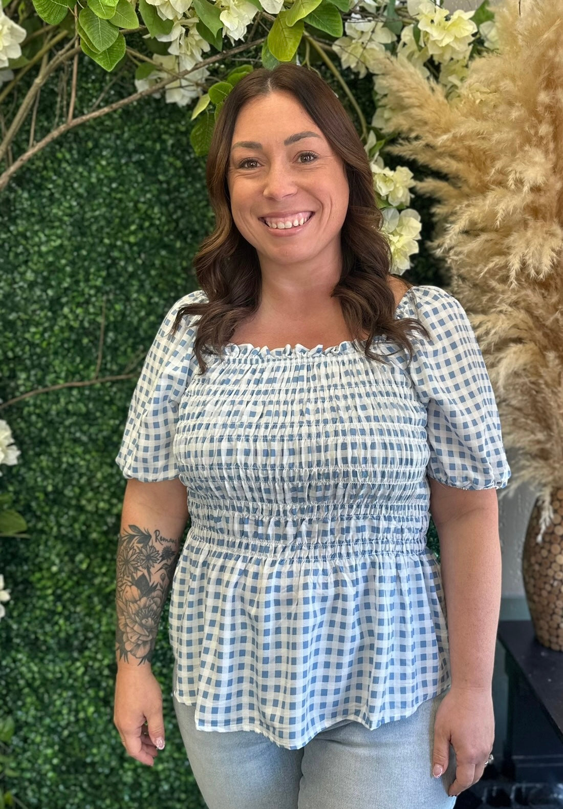 Plus Gingham Smocked Peplum Blouse