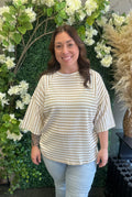 Plus Size Stripe Textured Patchwork 3/4 Sleeve Top