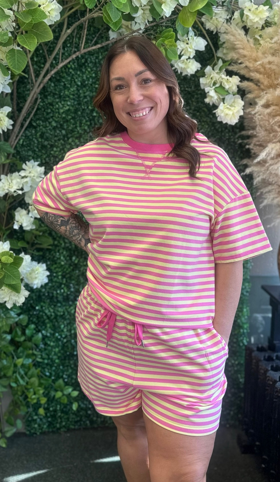 Plus Size Stripe Boxy Tee & Drawstring Short Set