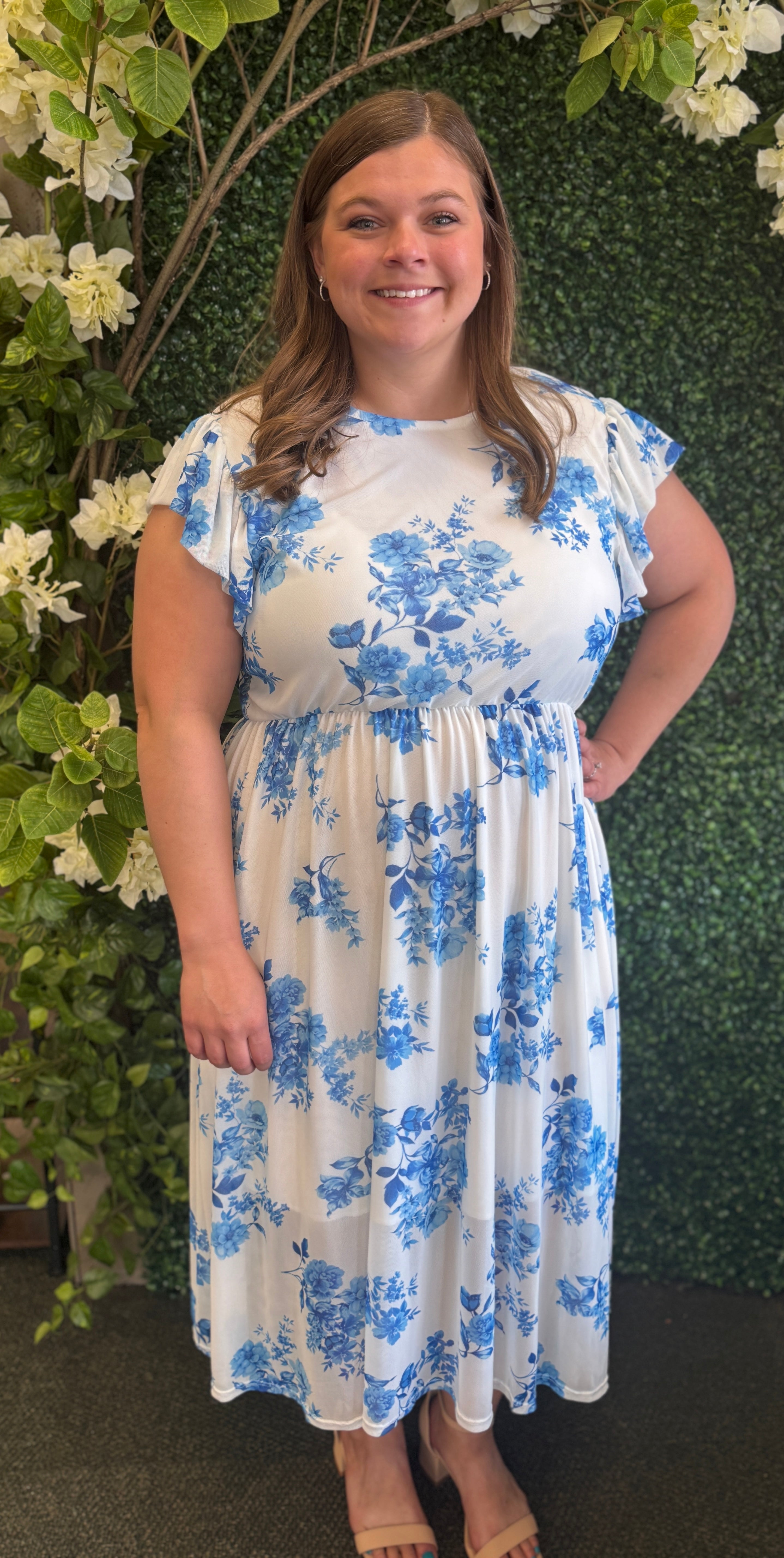Plus Fit And Flare Midi Floral Semi Mesh Dress