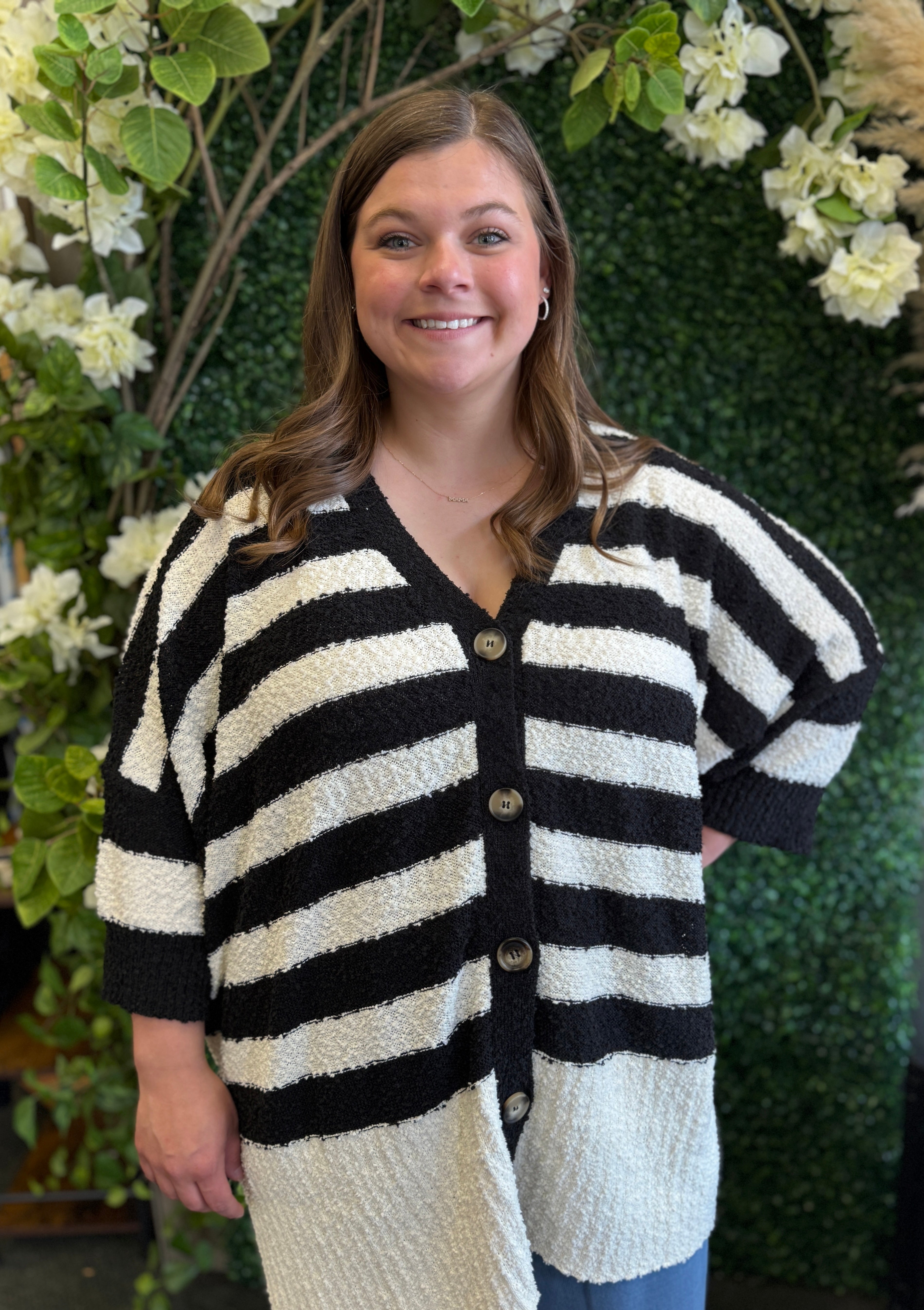 Plus Stripe Popcorn Button Down Oversized Cardigan