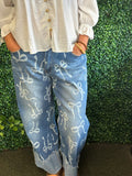 Denim Ribbon Print Elastic Waist Pants