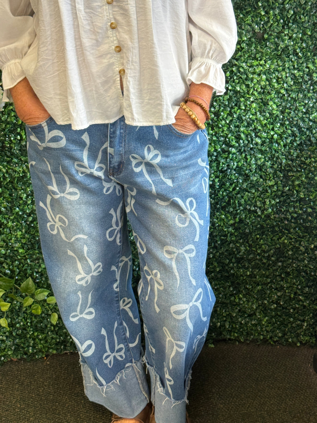 Denim Ribbon Print Elastic Waist Pants