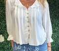 Ruffled Vneck Button Down 3/4 Sleeve Blouse