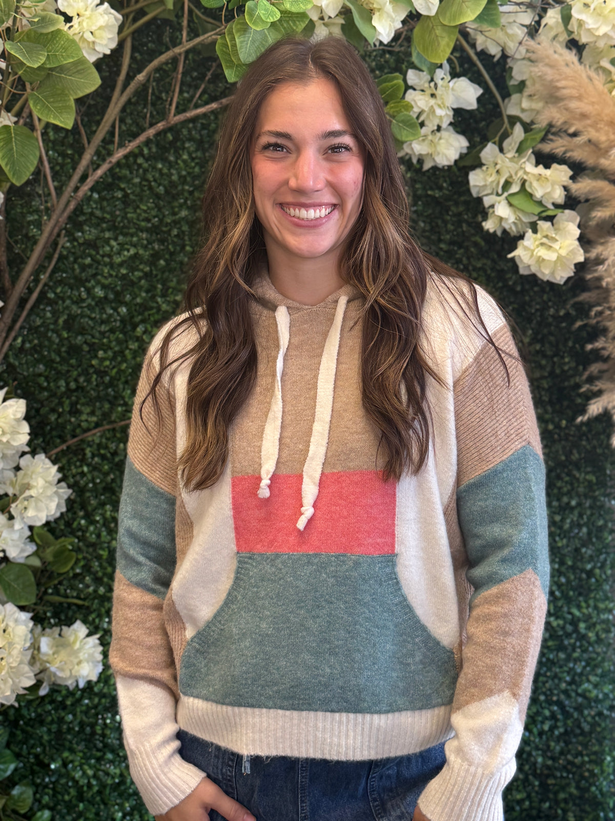 Color Block Kangaroo Pocket Sweater