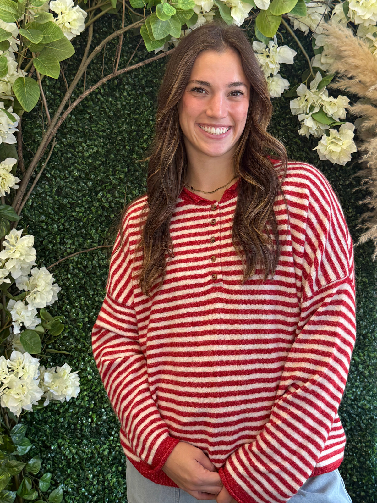 Button Henley Stripe Long Sleeve Drop Shoulder Sweater