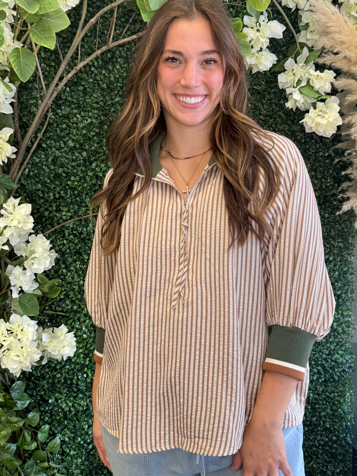 3/4 Sleeve Half Zip Striped Top