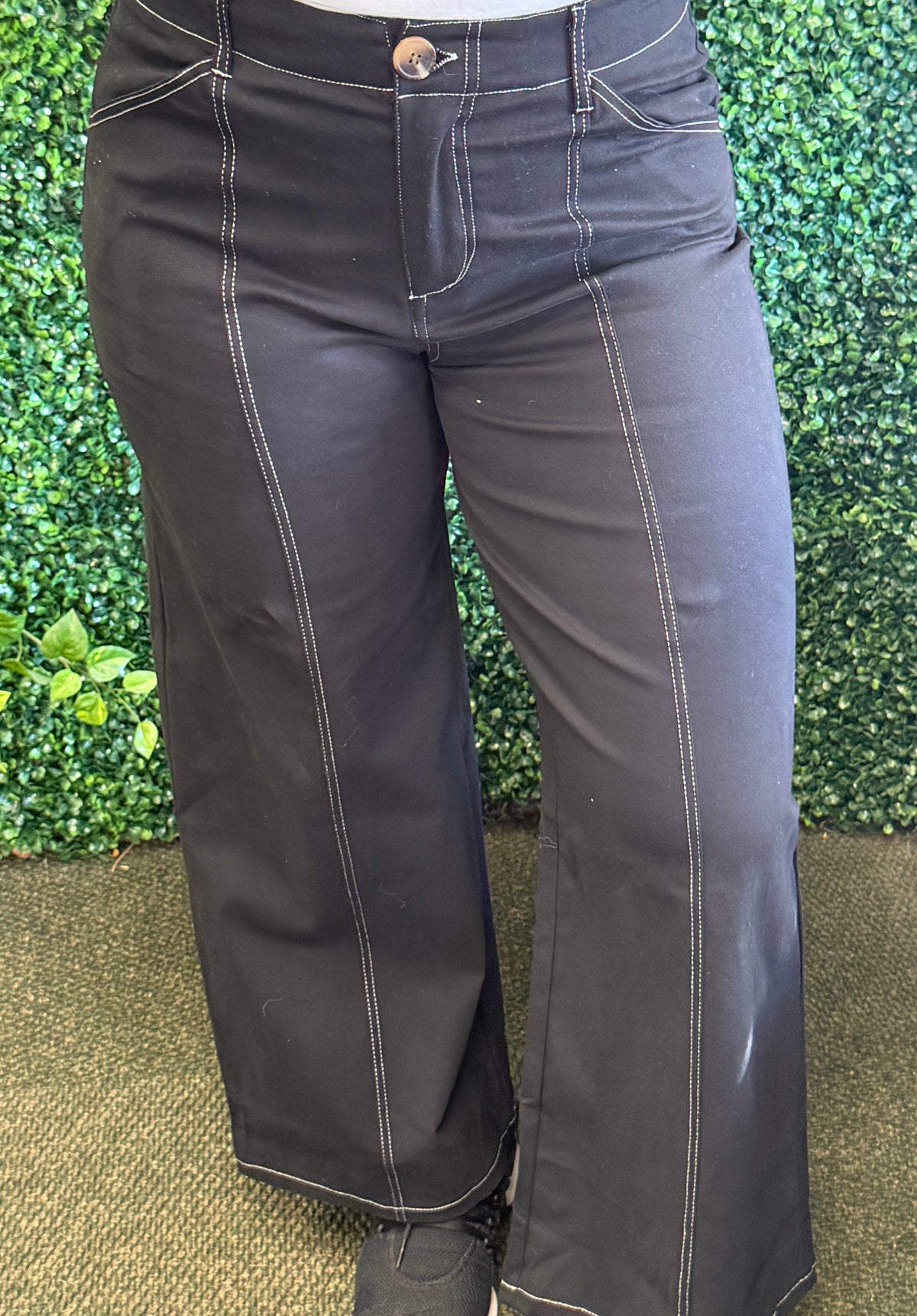 High Rise Stitch Seamed Stretch Wide Leg Pants