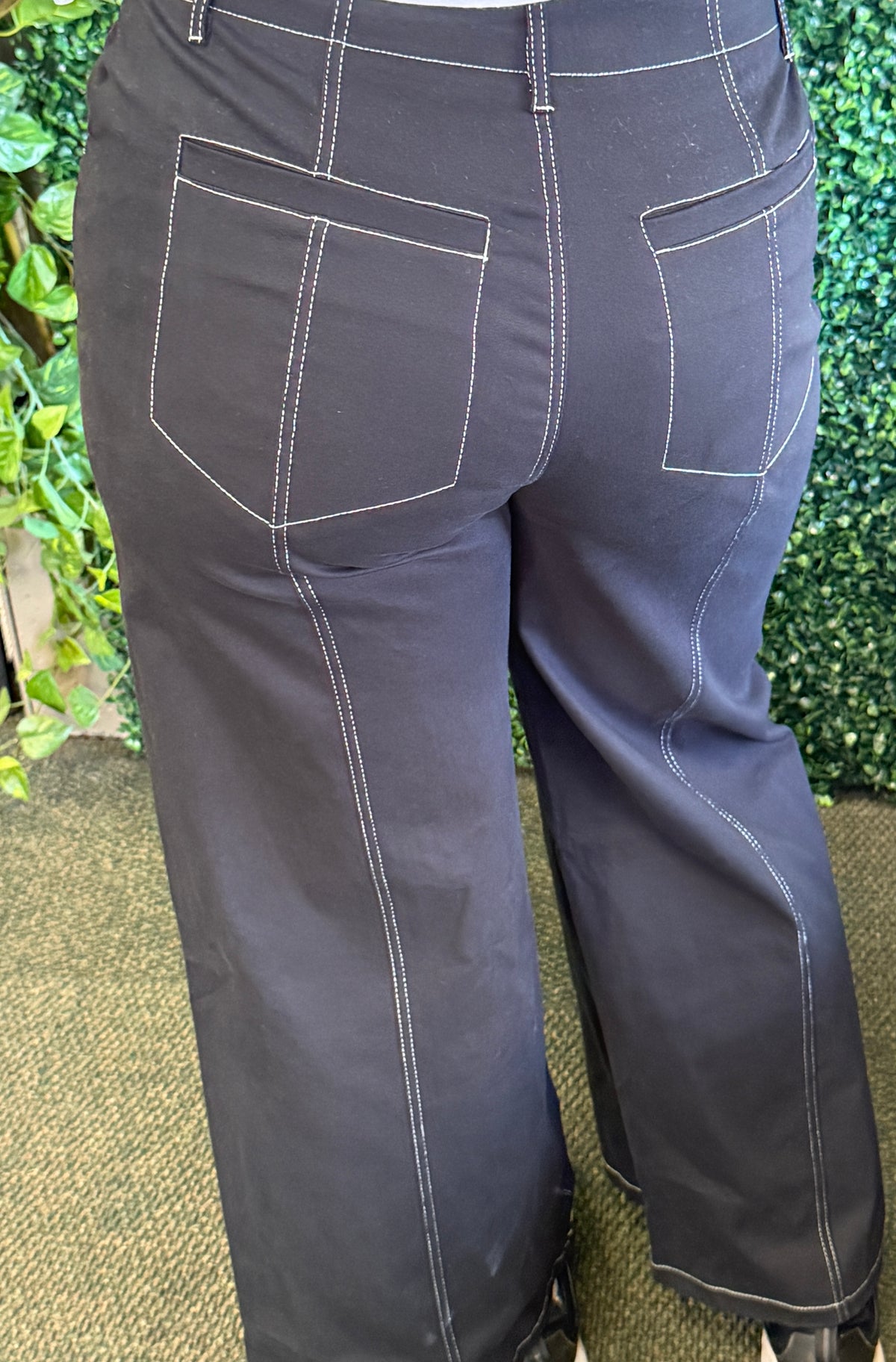 High Rise Stitch Seamed Stretch Wide Leg Pants