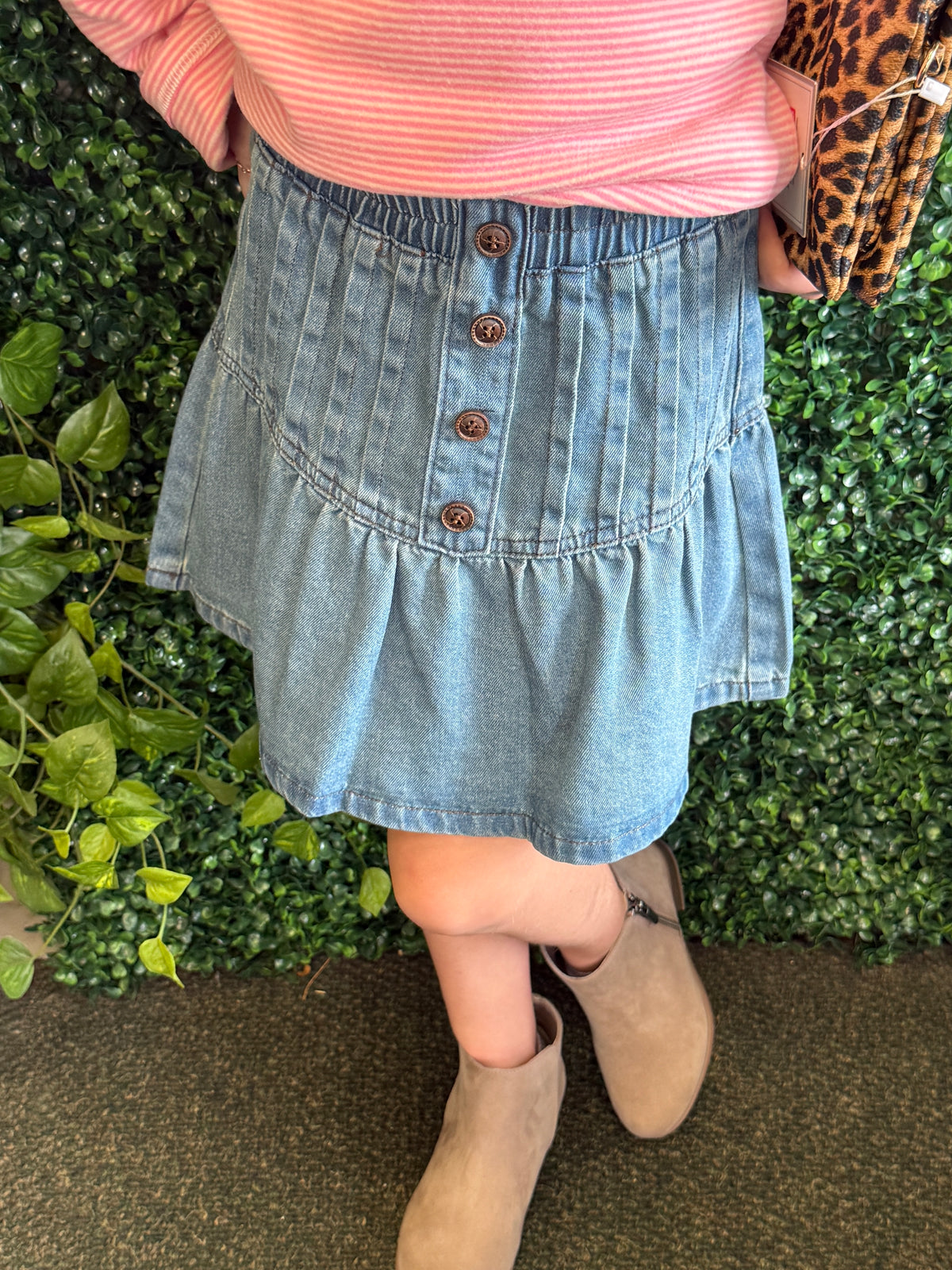 Girls Pleated Bottom Denim Skirt