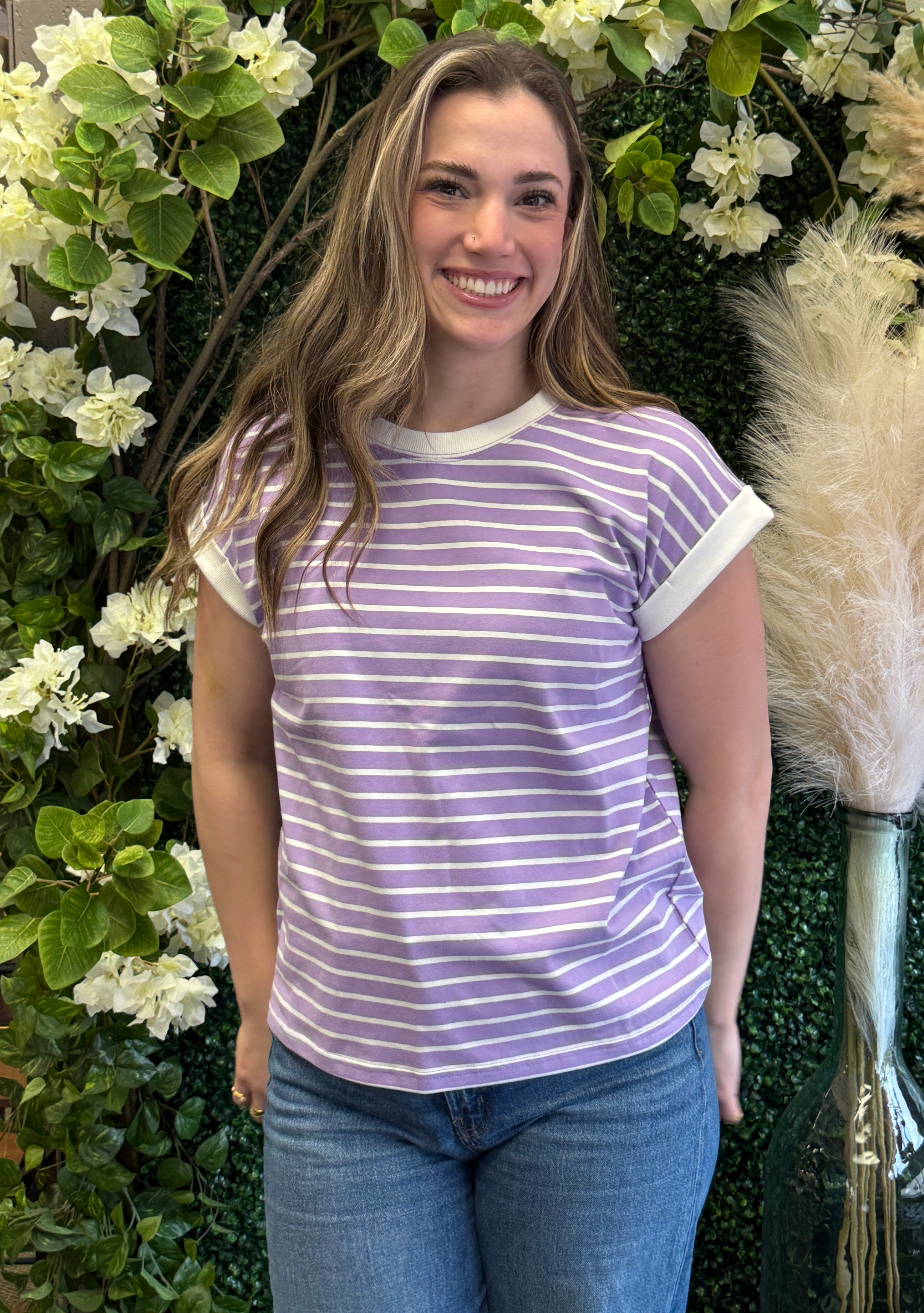 CONTRAST TRIM CAP SLEEVE STRIPE TEE