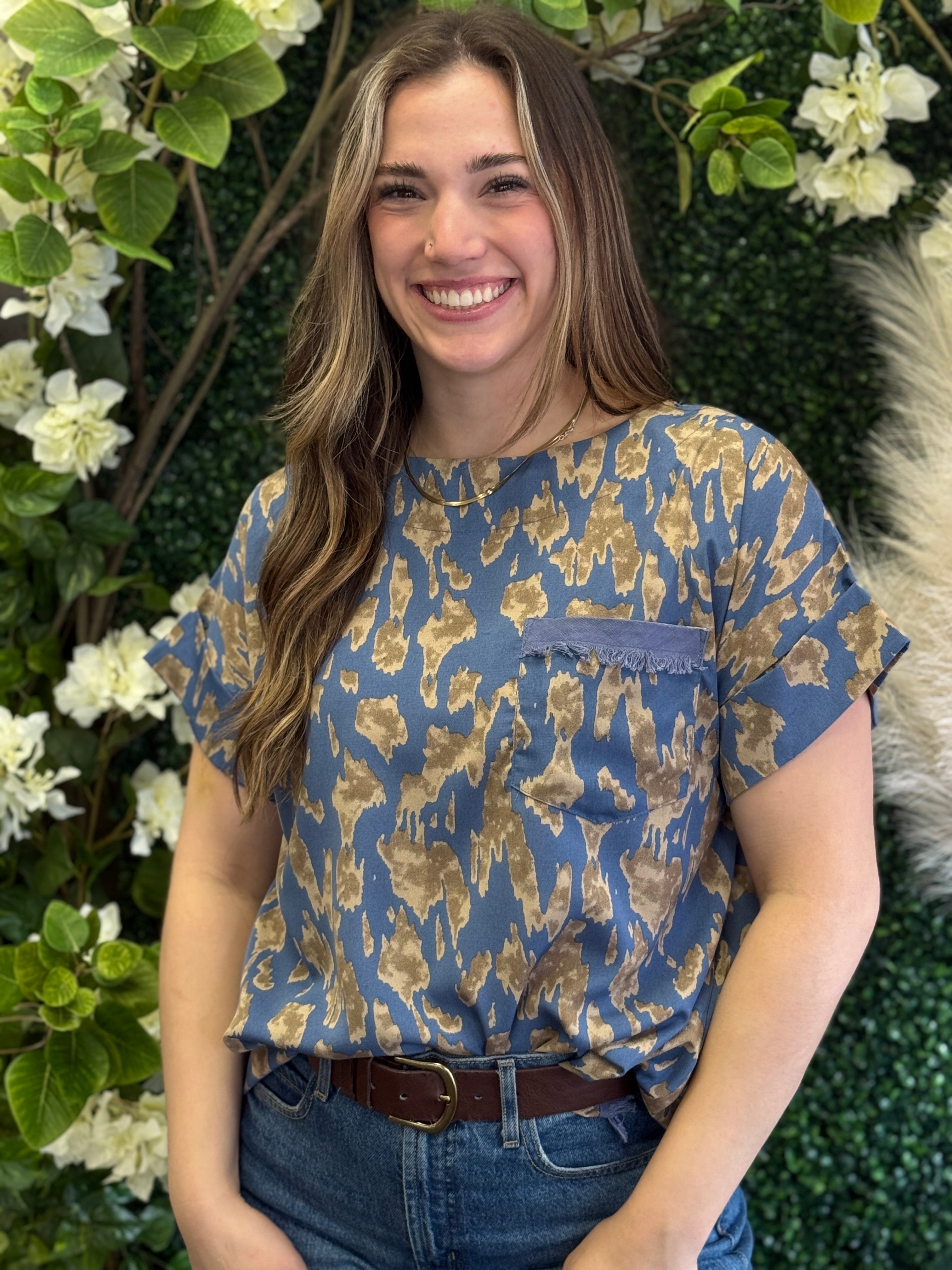 Animal Print Boxy Cut Top with Pocket & Fray Details