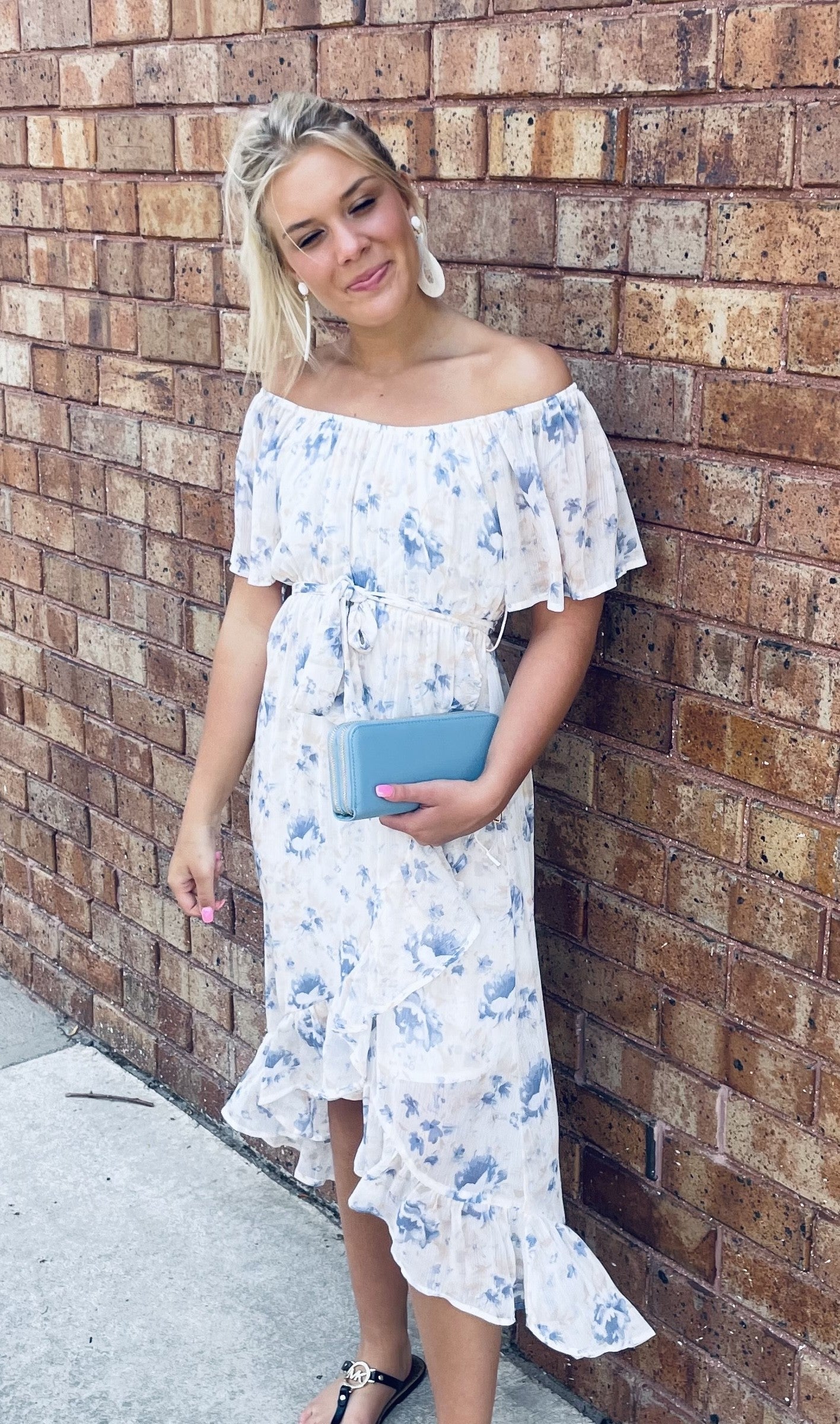 Off Shoulder Ruffle Sleeve Waist Tie Midi Dress