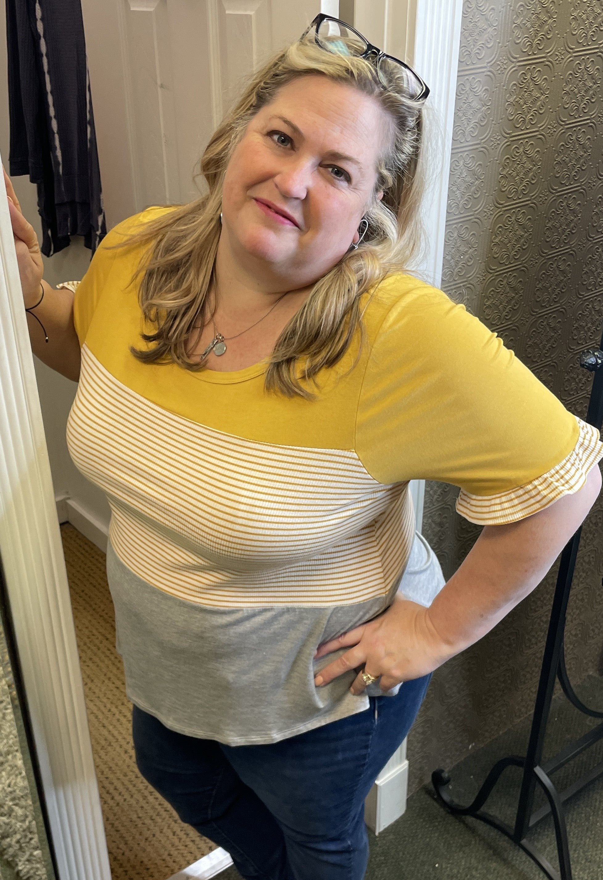 Color Block Stripe Ruffle Sleeve Top