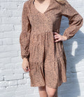 Leopard Print V Neck Pleated Long Sleeve Dress