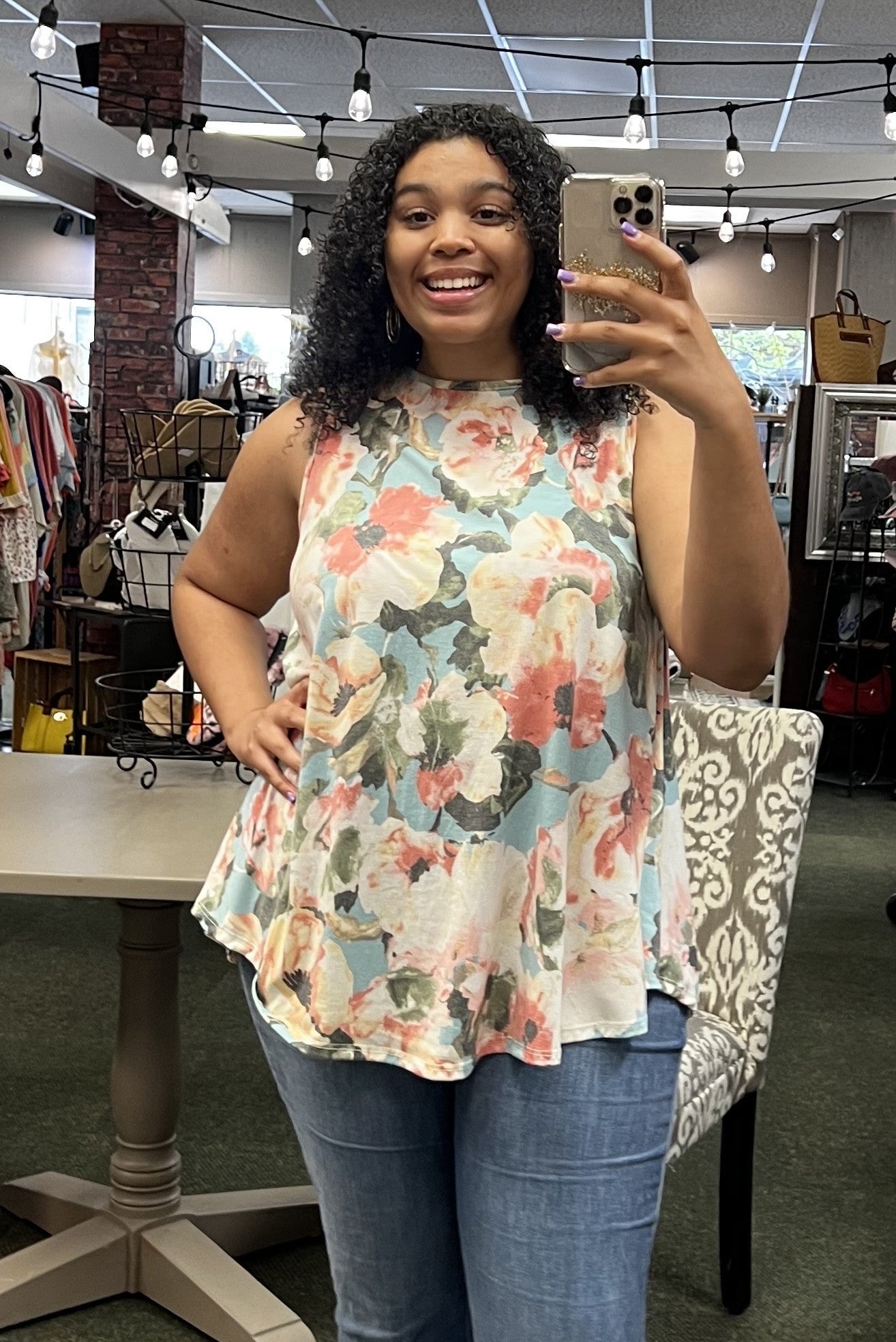 Sage Floral Tank w/ Round Hem