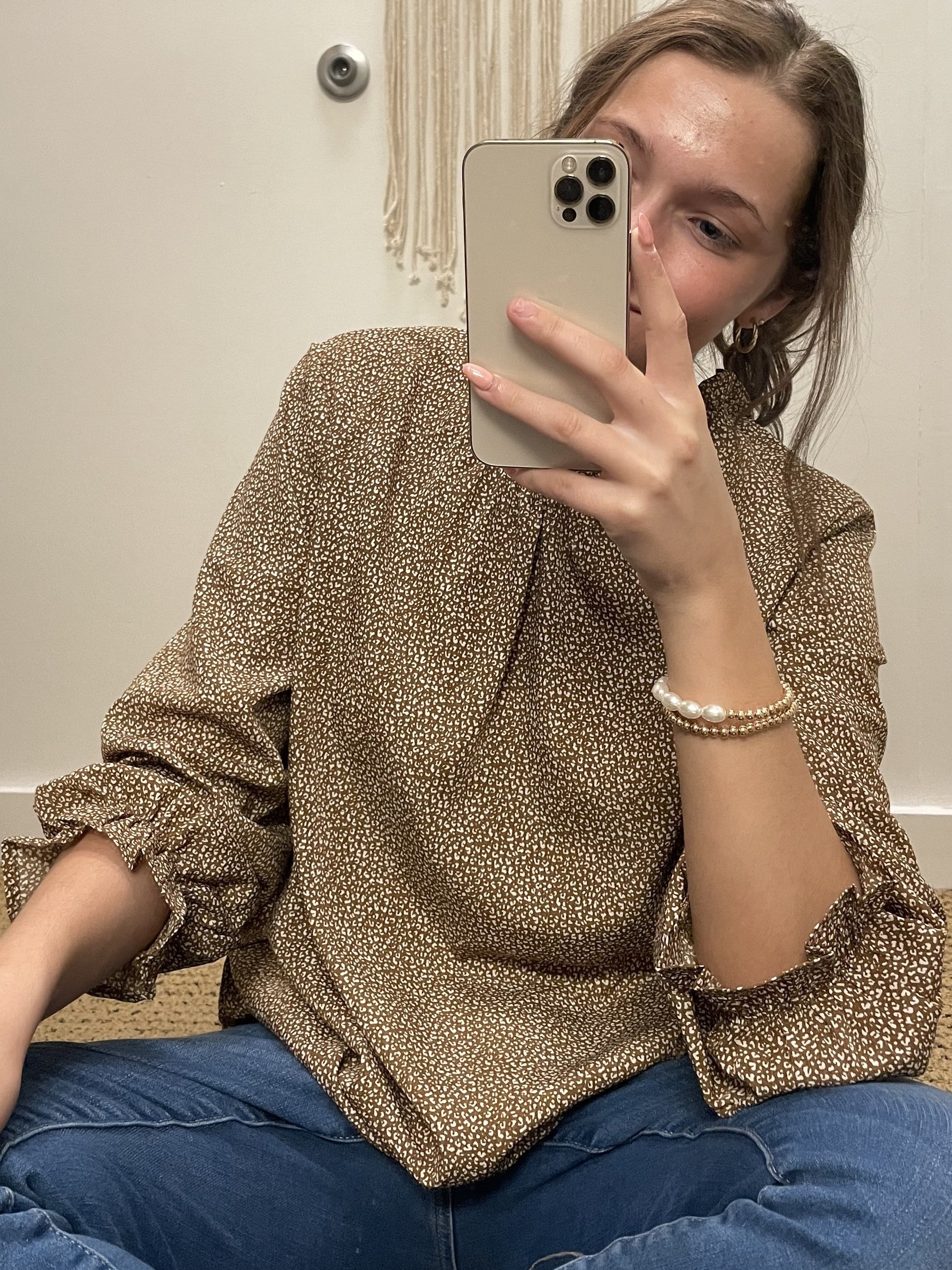 Taupe Woven  Mock Neck Top