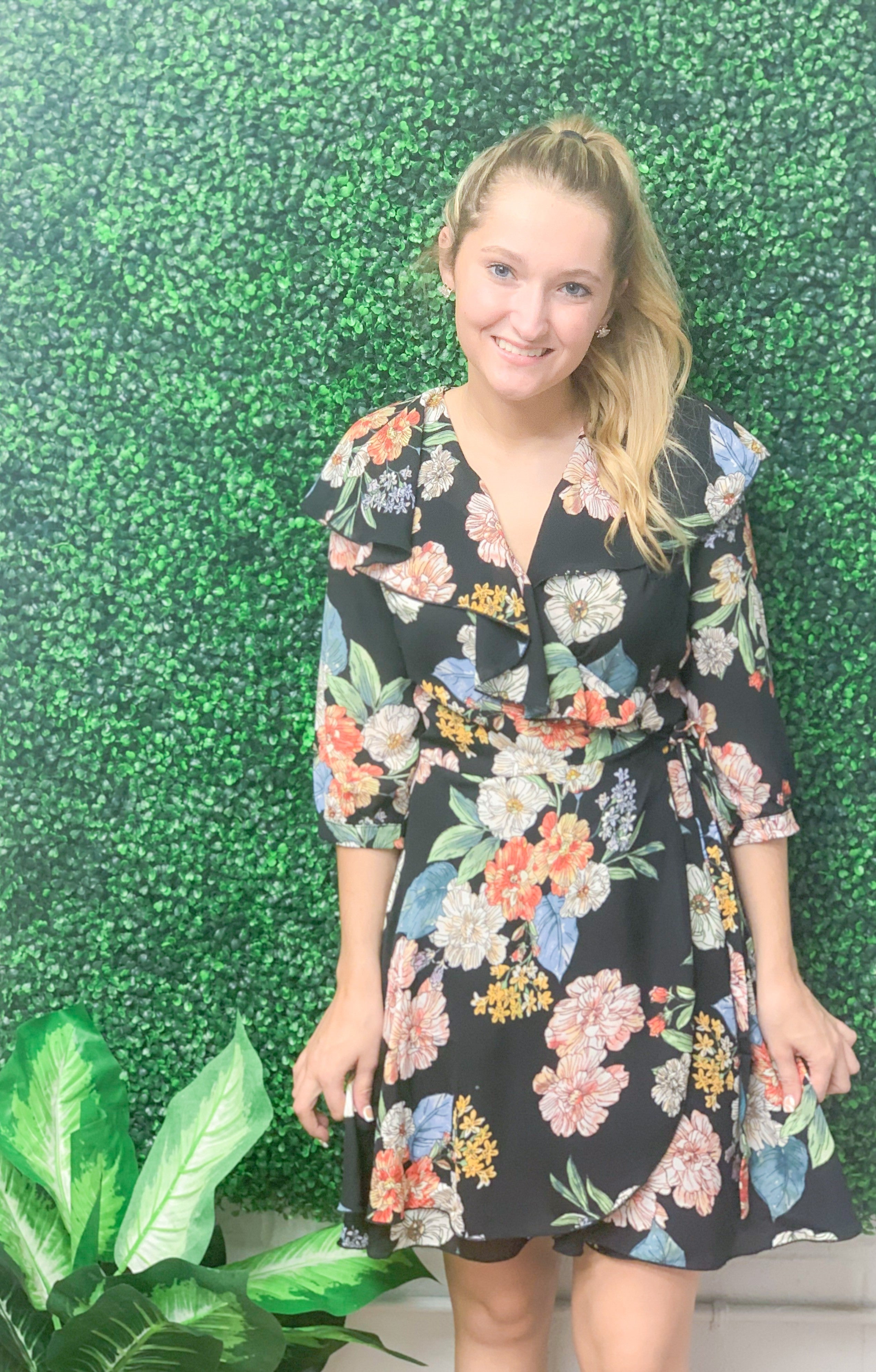 Black Floral Wrap Dress