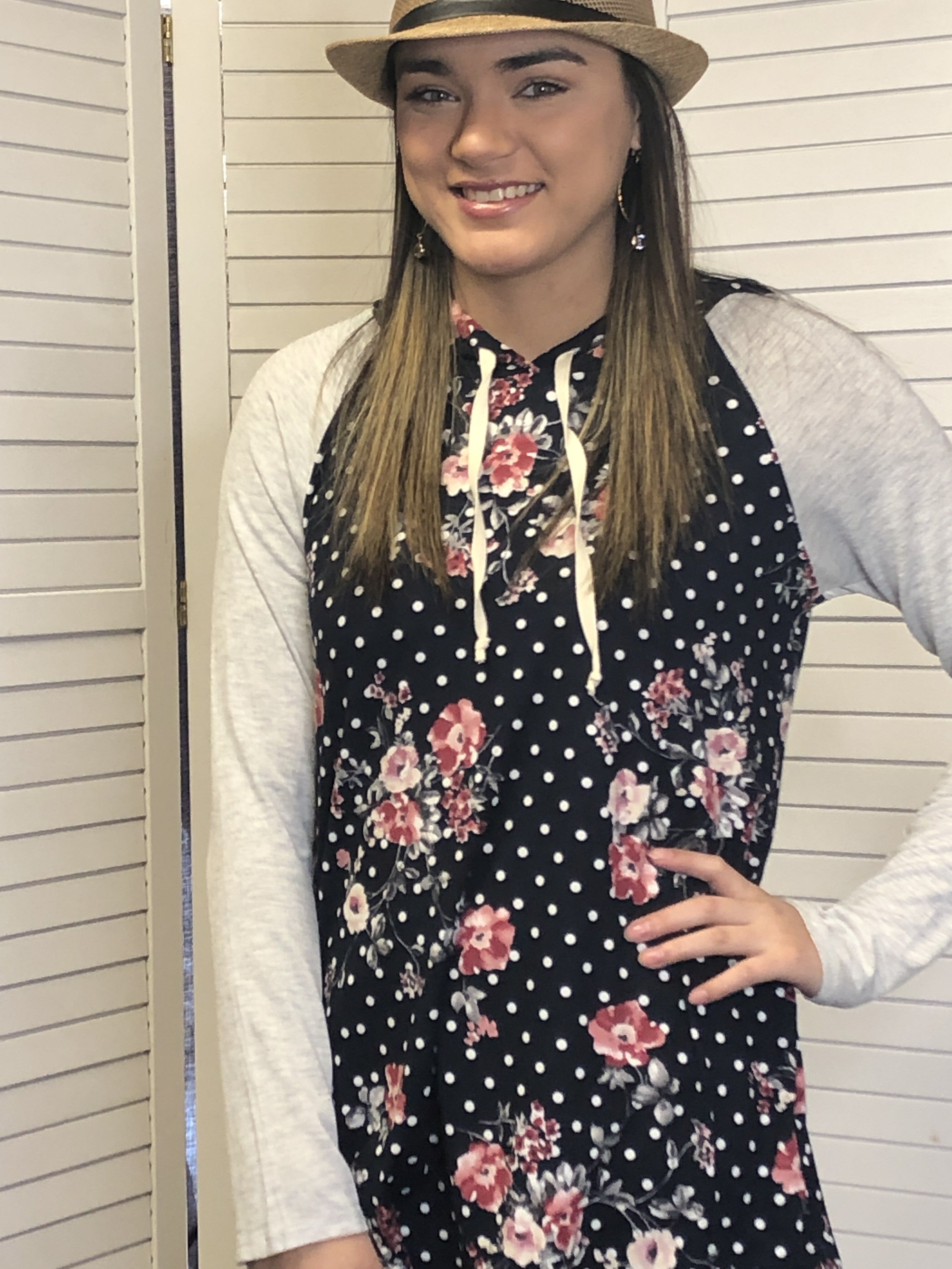 Floral and dot hoodie with hidden pocket