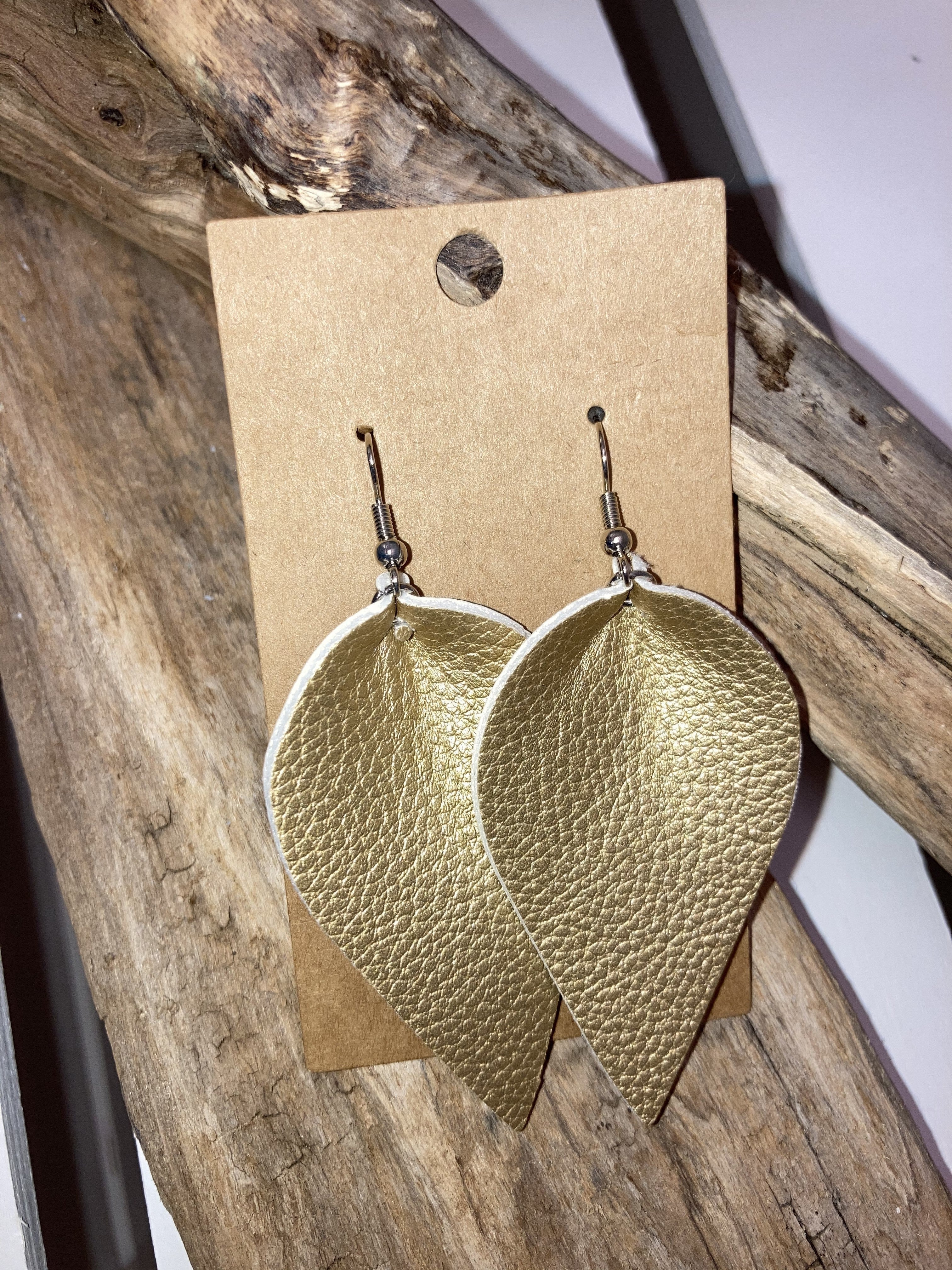 gold leather leaf earrings