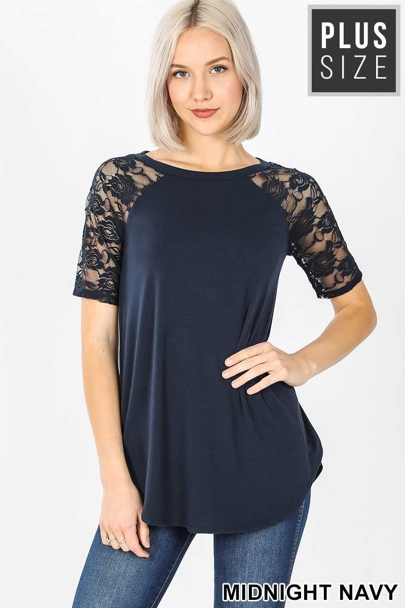 navy round neck lace sleeve top