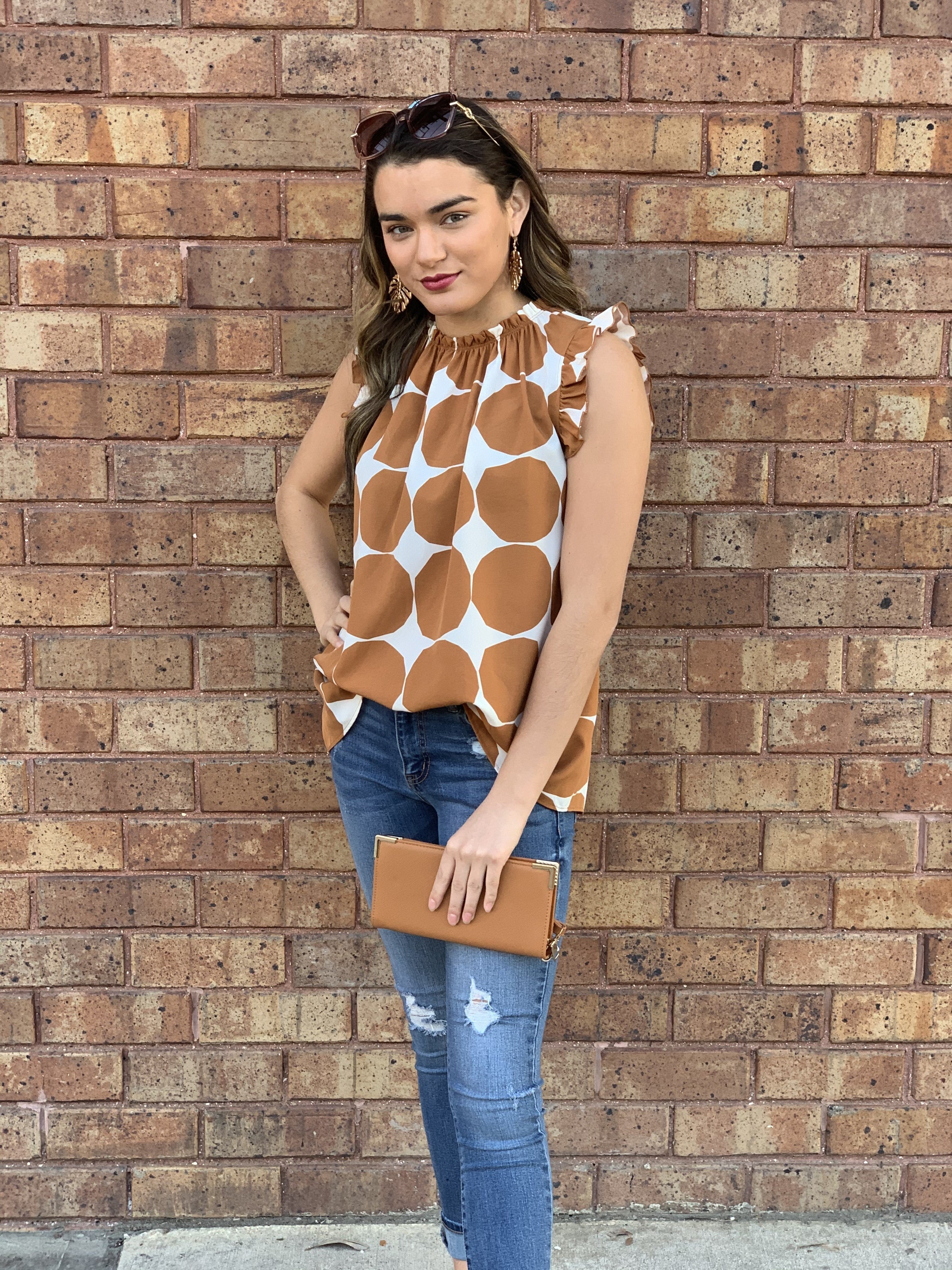 Bold-dot Print Shirring Neck Top