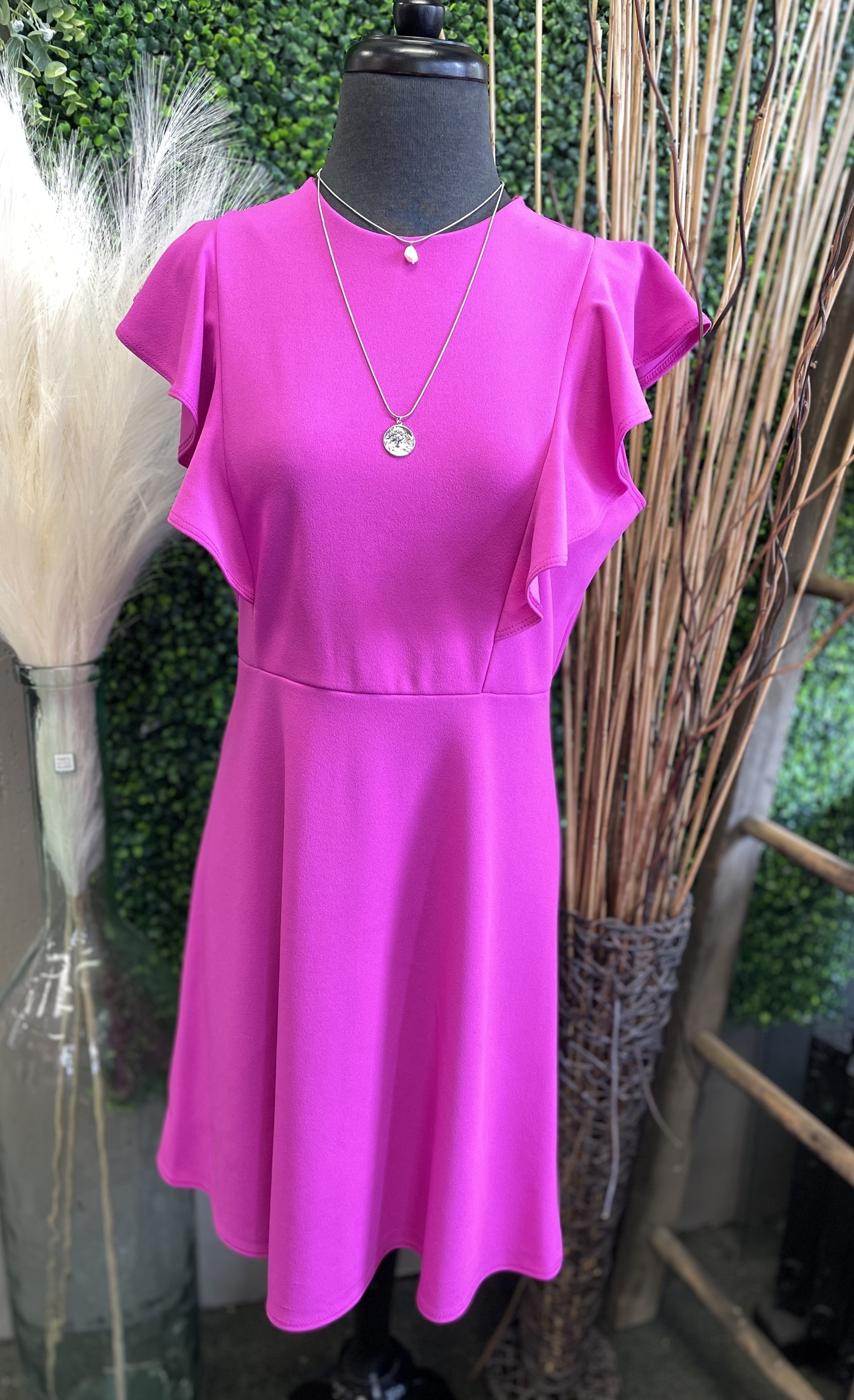Crepe Ruffled Sleeve Back Zipper Dress