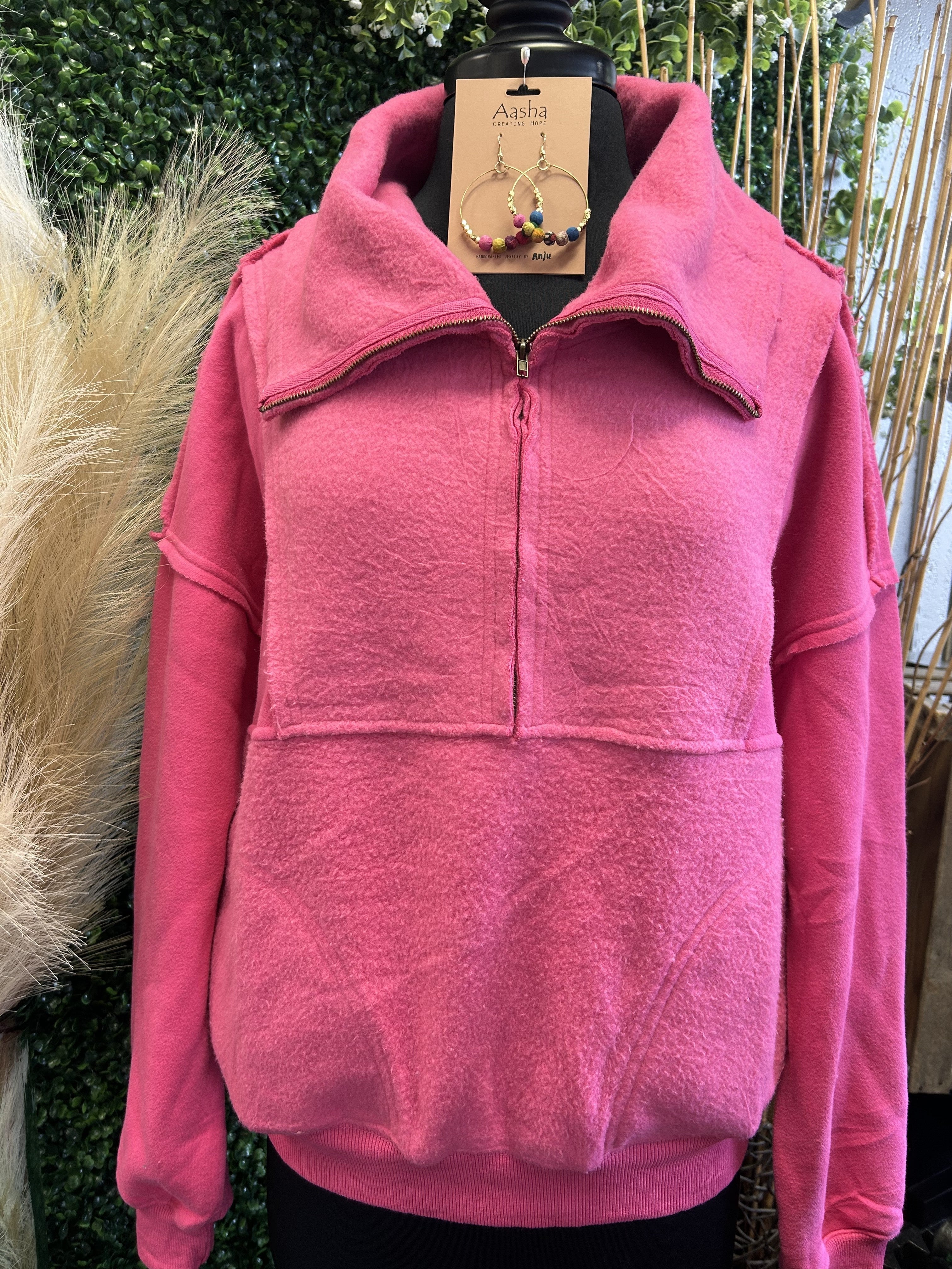 Zipper Relaxed Fit Sweatshirt w/ Front Pocket