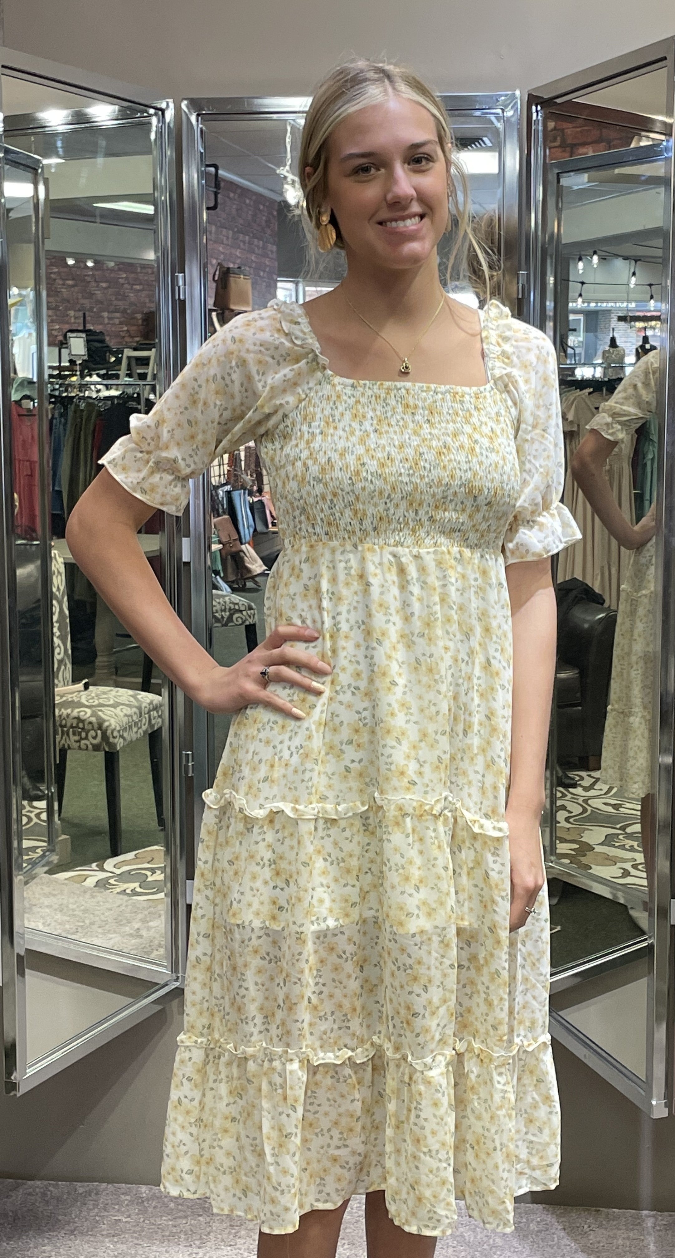 Yellow Floral Smocked Dress