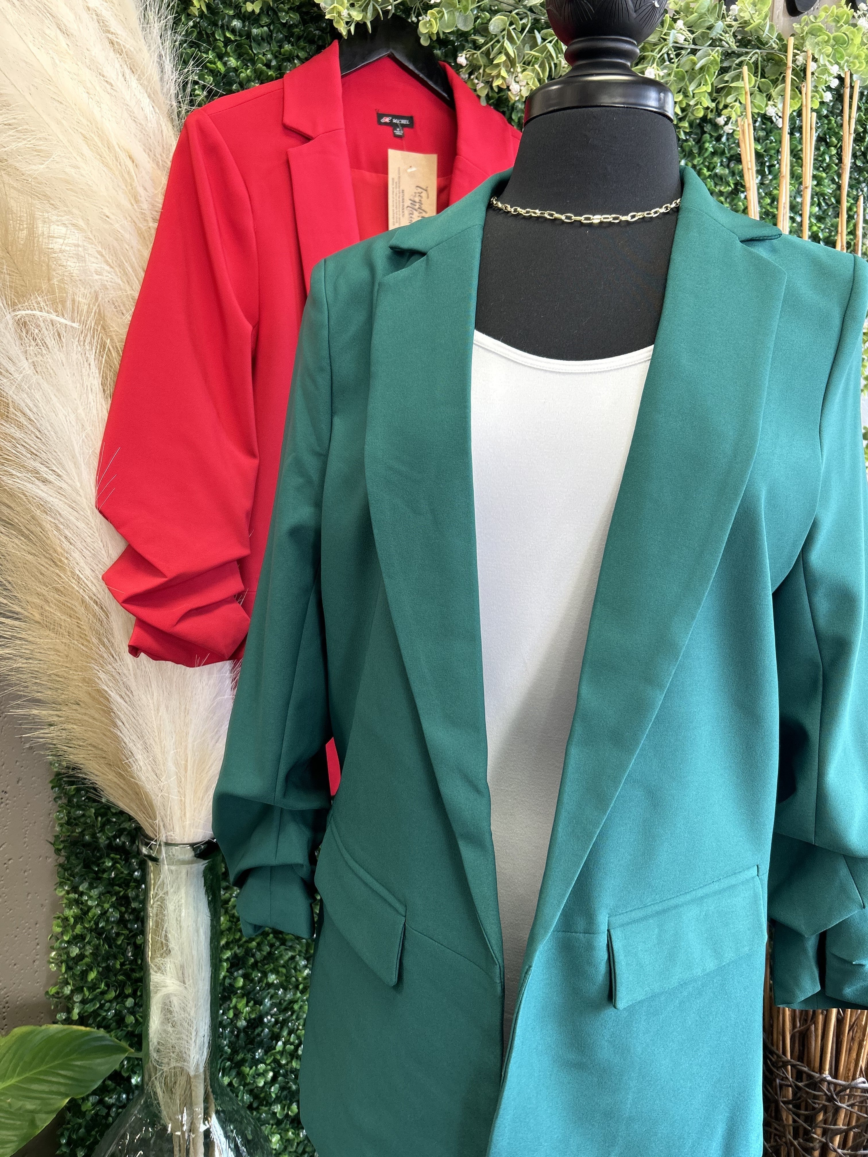 Solid Shirred Sleeve Blazer