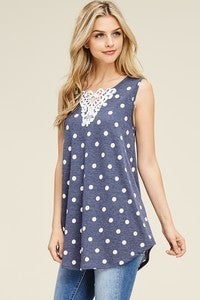 navy crochet lace polka dot top