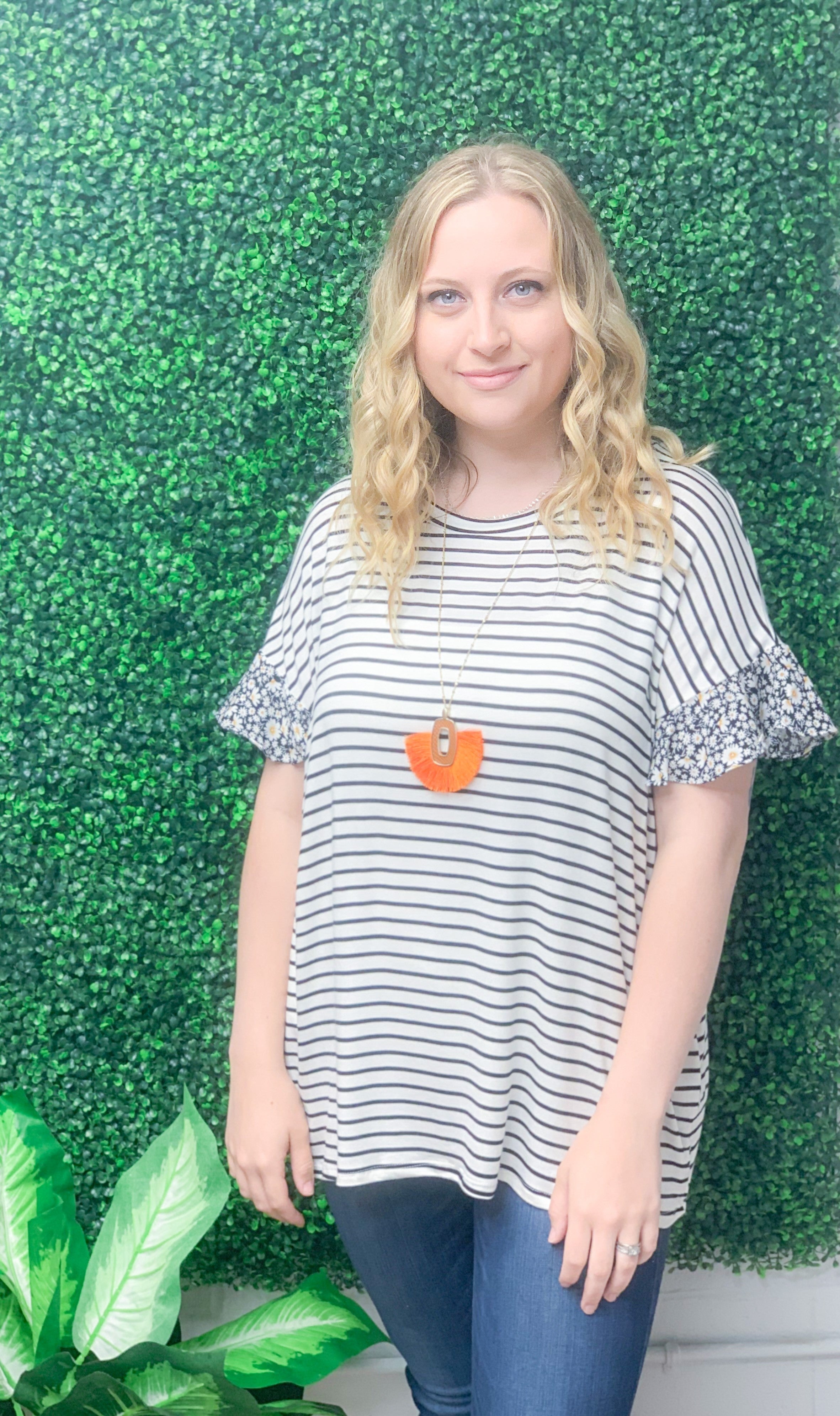 Black Stripe/Floral Ruffle Sleeve Top