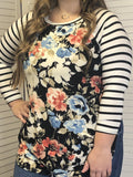 Floral Print Striped Sleeve Baseball Top