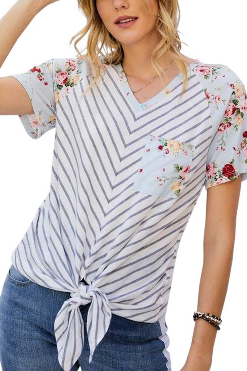 lt. blue floral and striped top