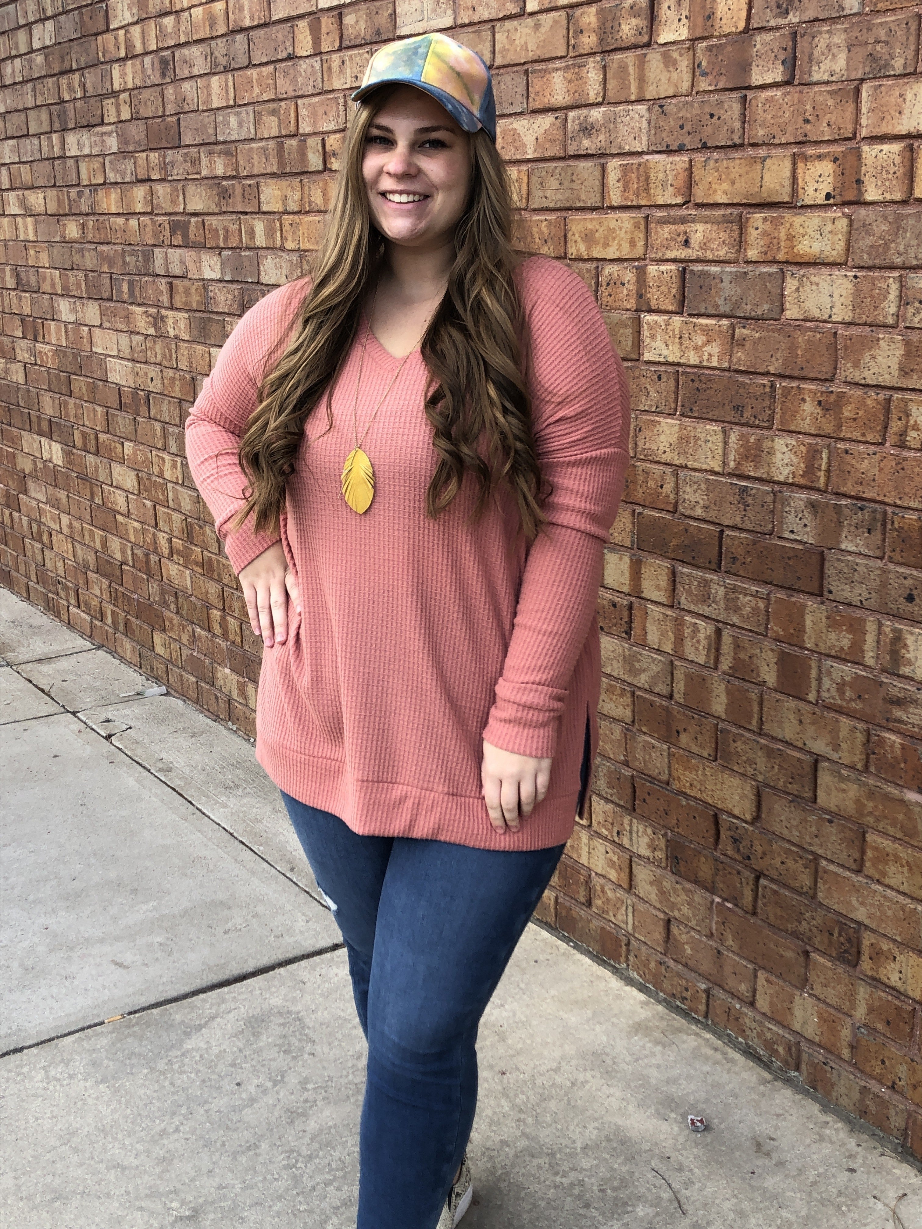 rose waffle v neck top