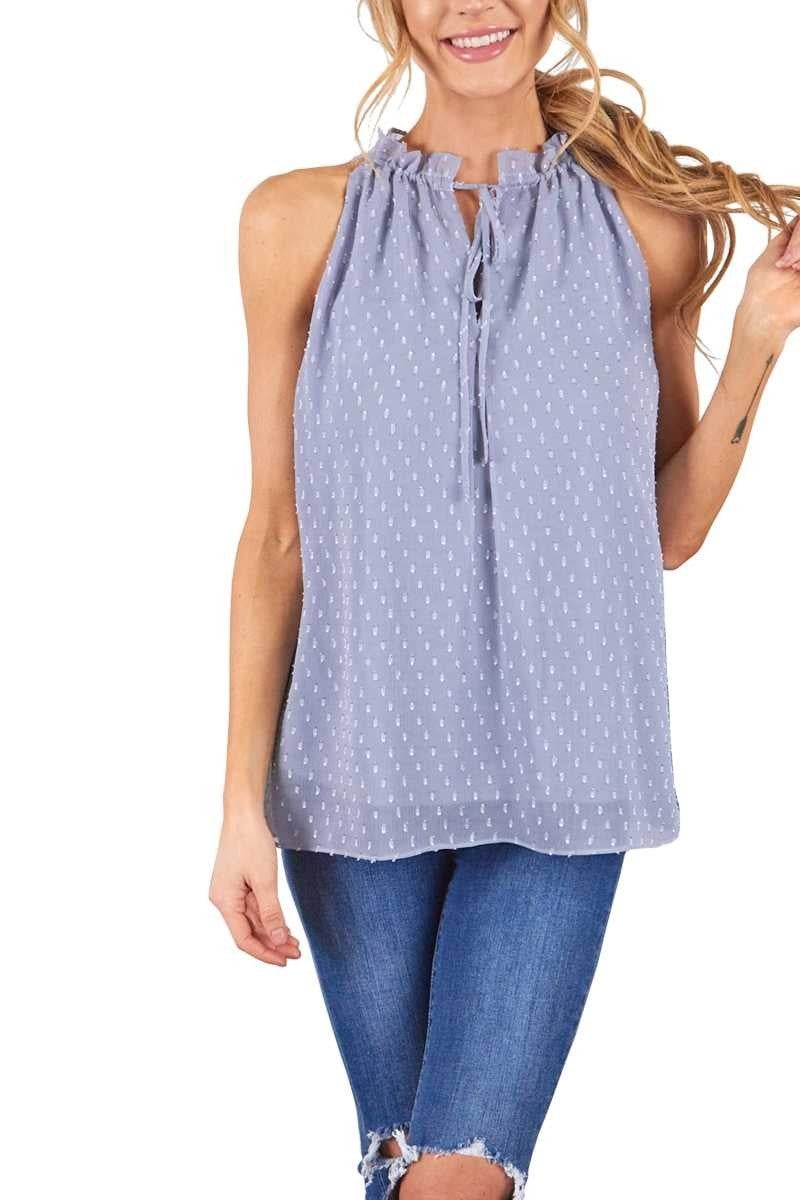 slate swiss dot high neck sleeveless tops