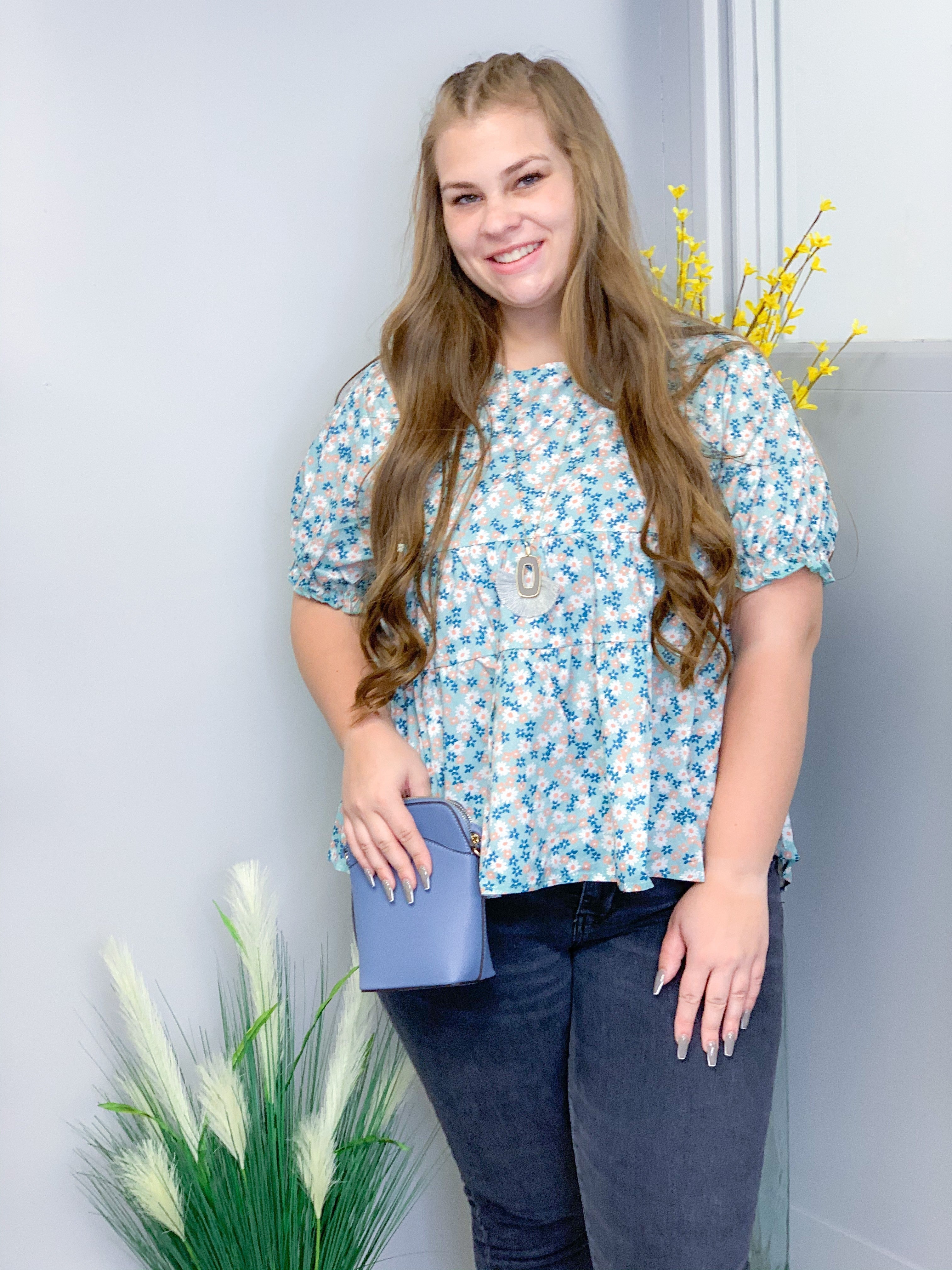 Aqua Puff Sleeve Tiered Top