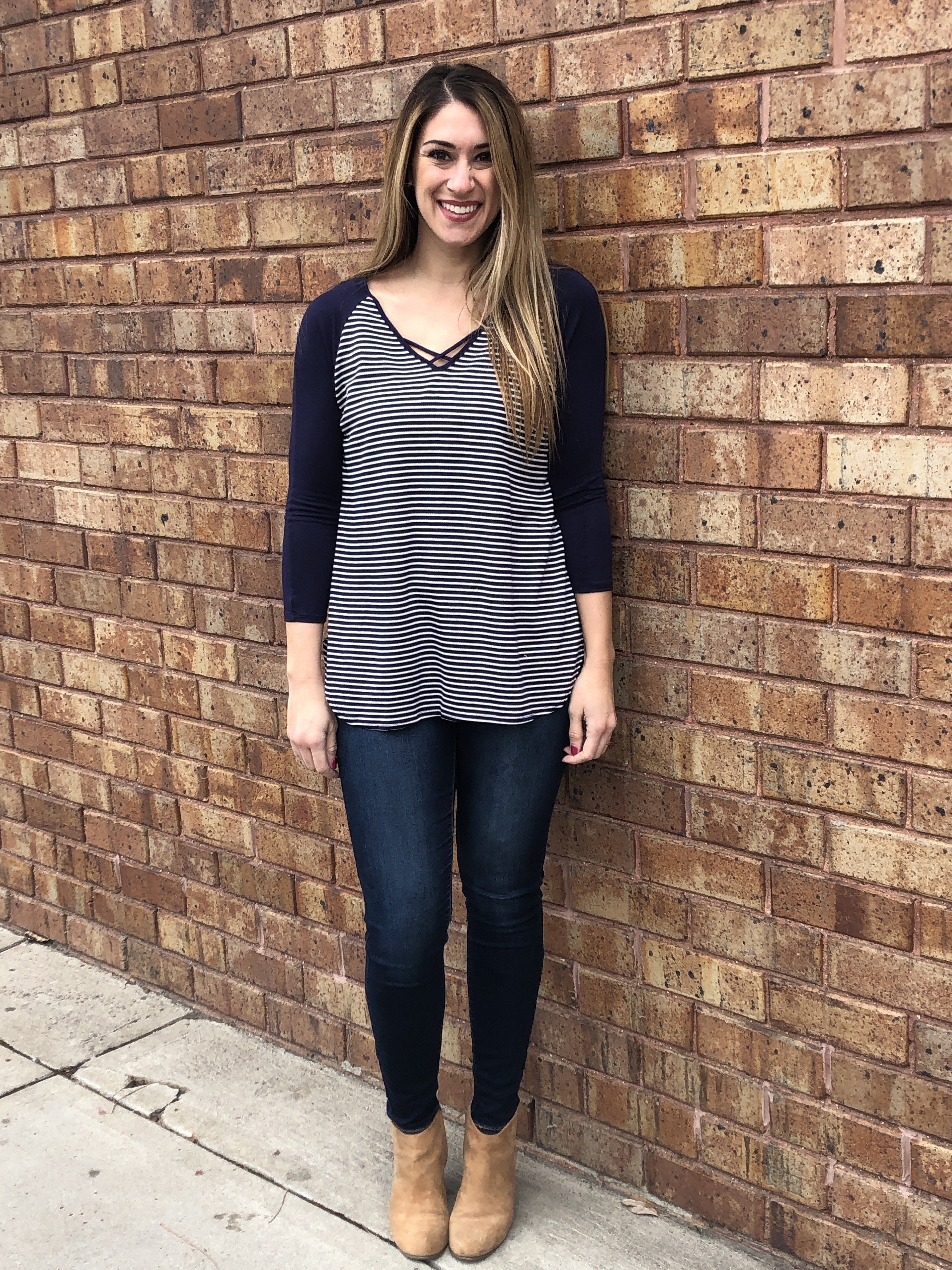 French Terry Striped Tunic with V-neck criss cross