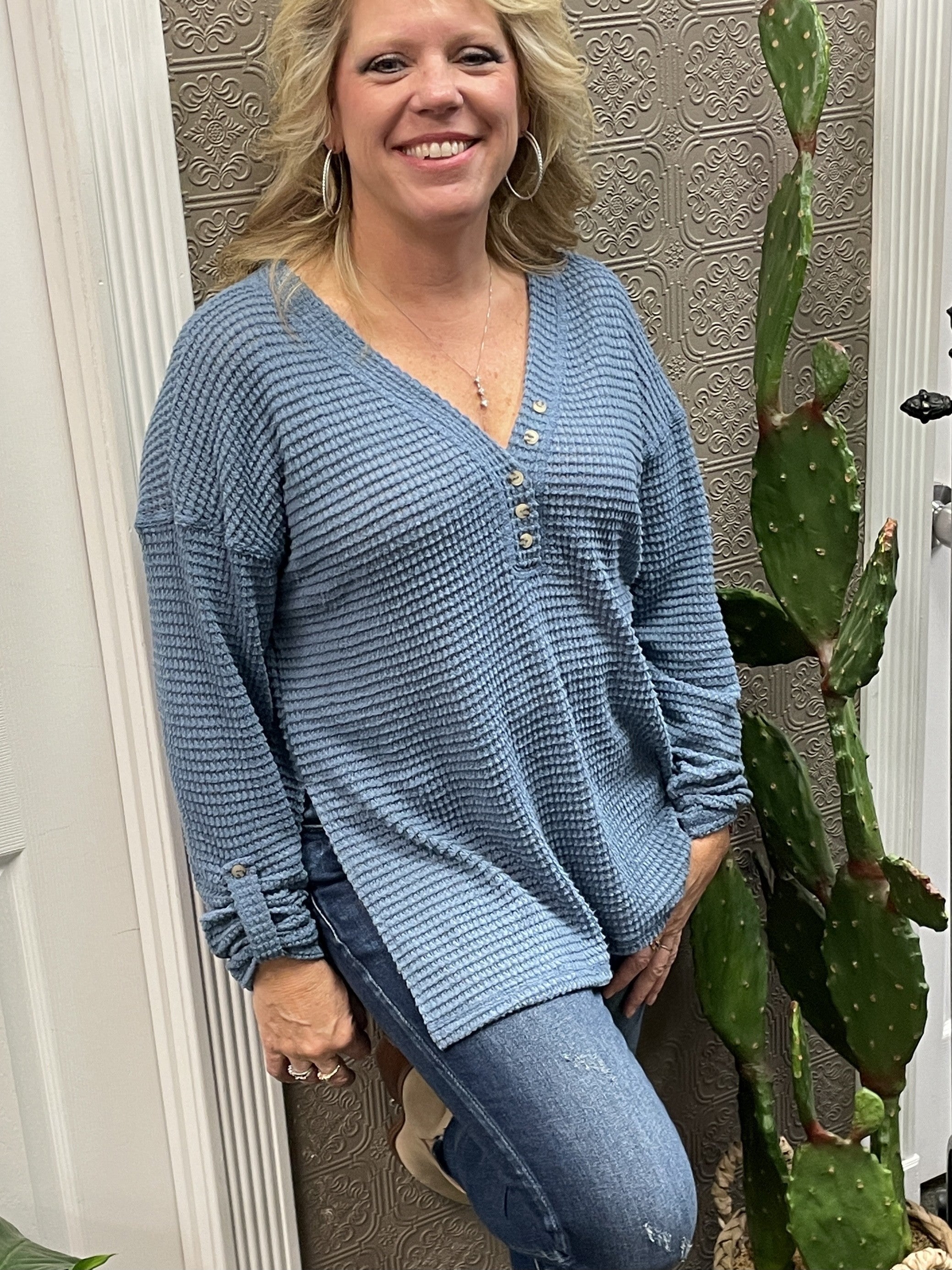 Blue Roll-up Sleeve Top