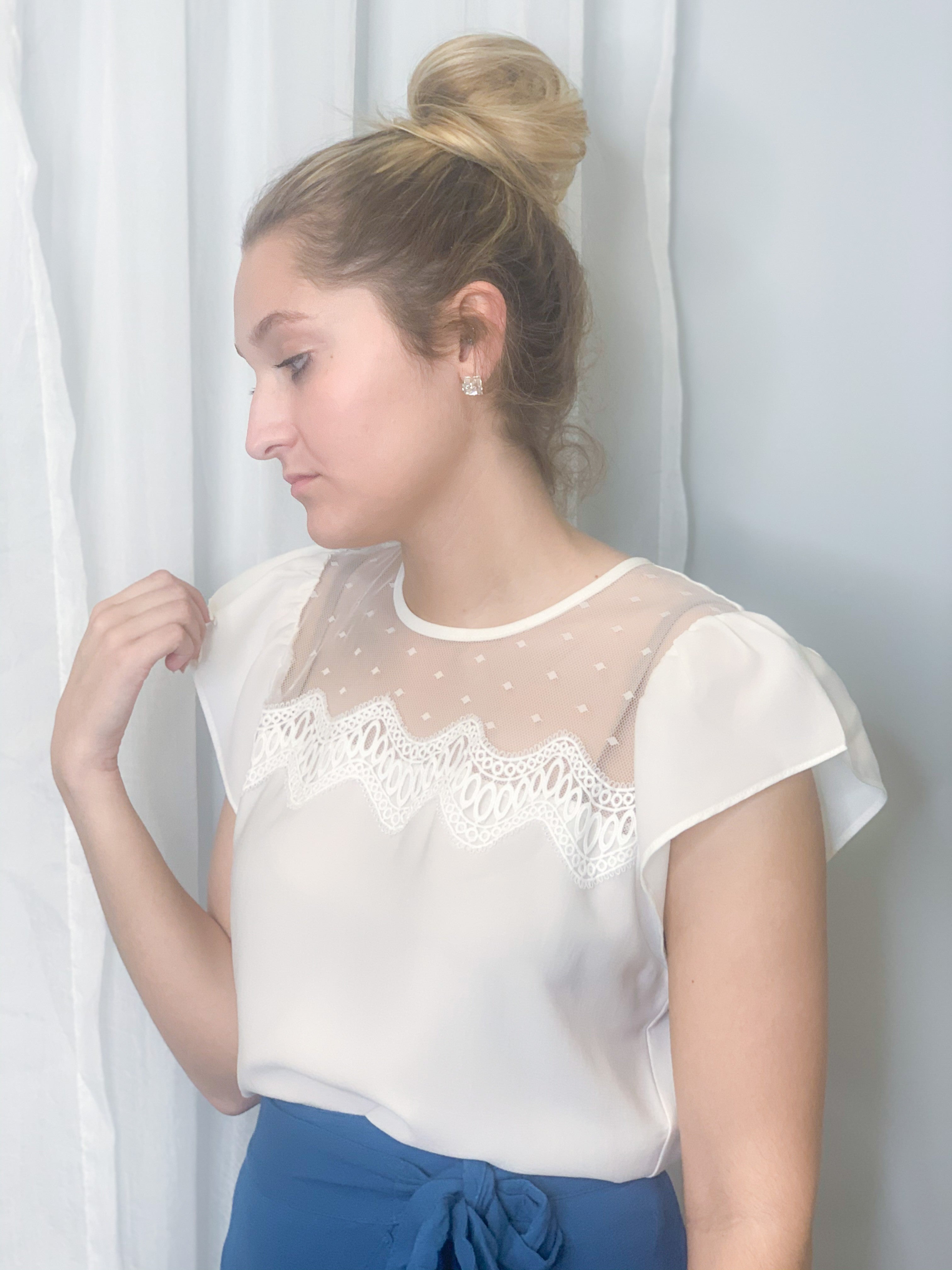 White Mesh Chest Short Sleeve Top