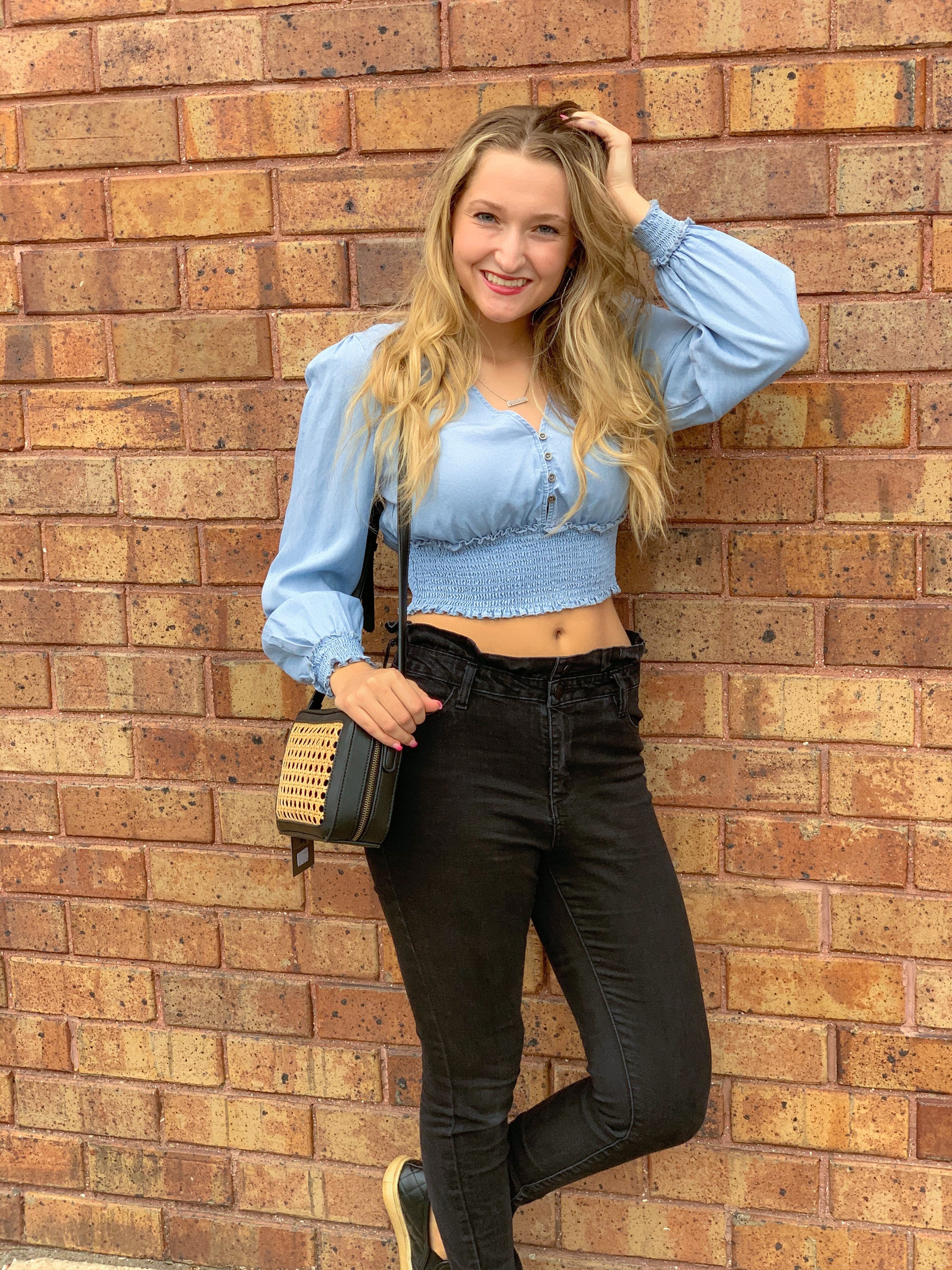 Denim Smocked Chambray Cropped Top