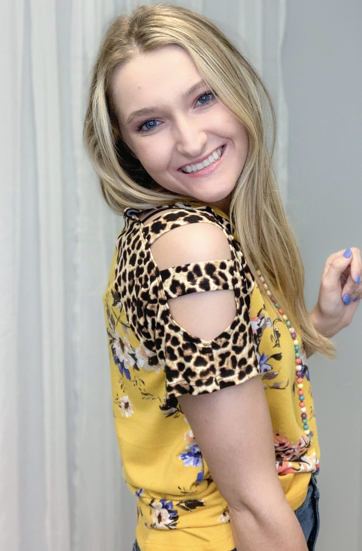 Mustard Animal Print Cutout Sleeves