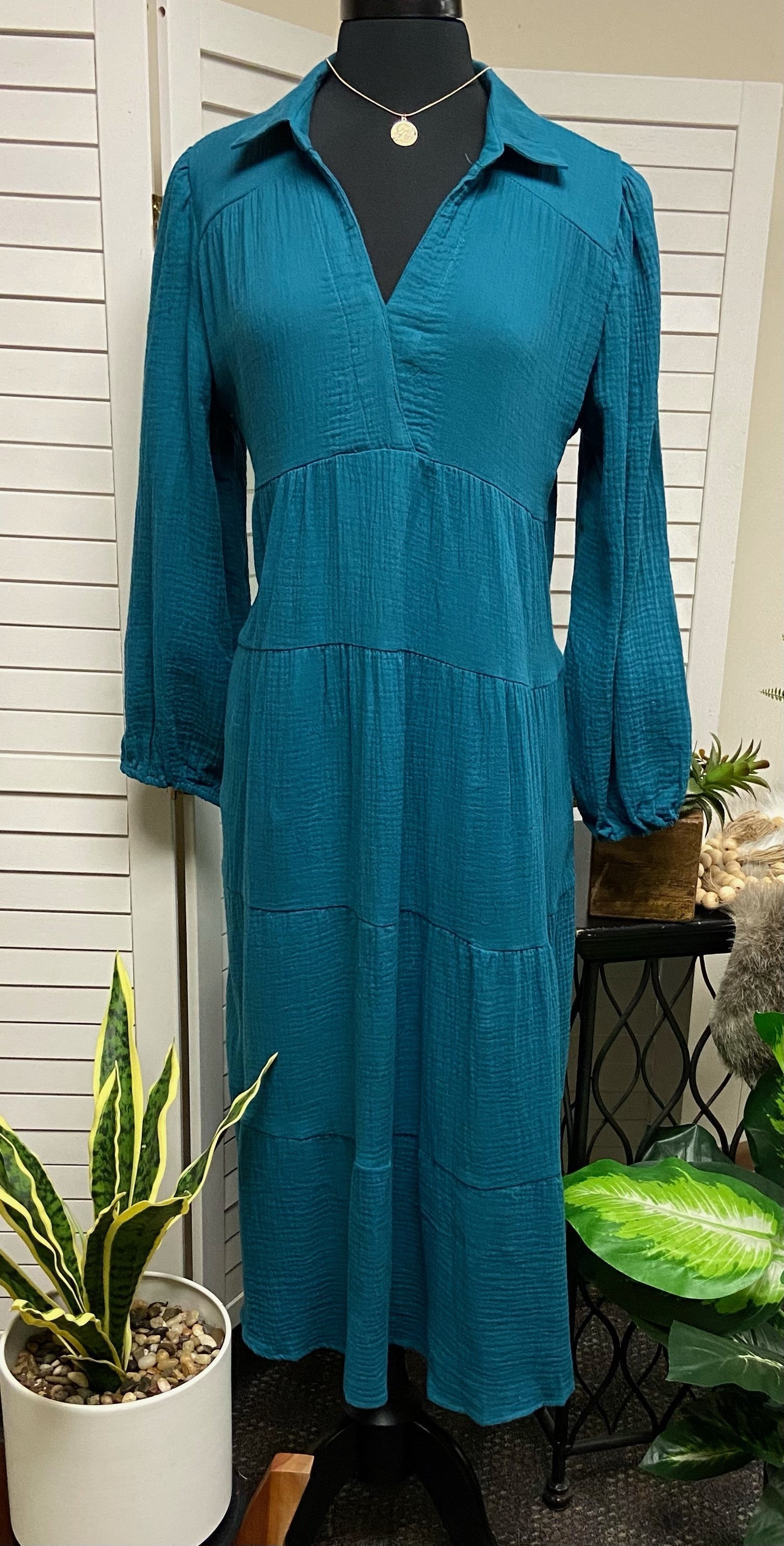 Teal Solid Cotton Midi Dress