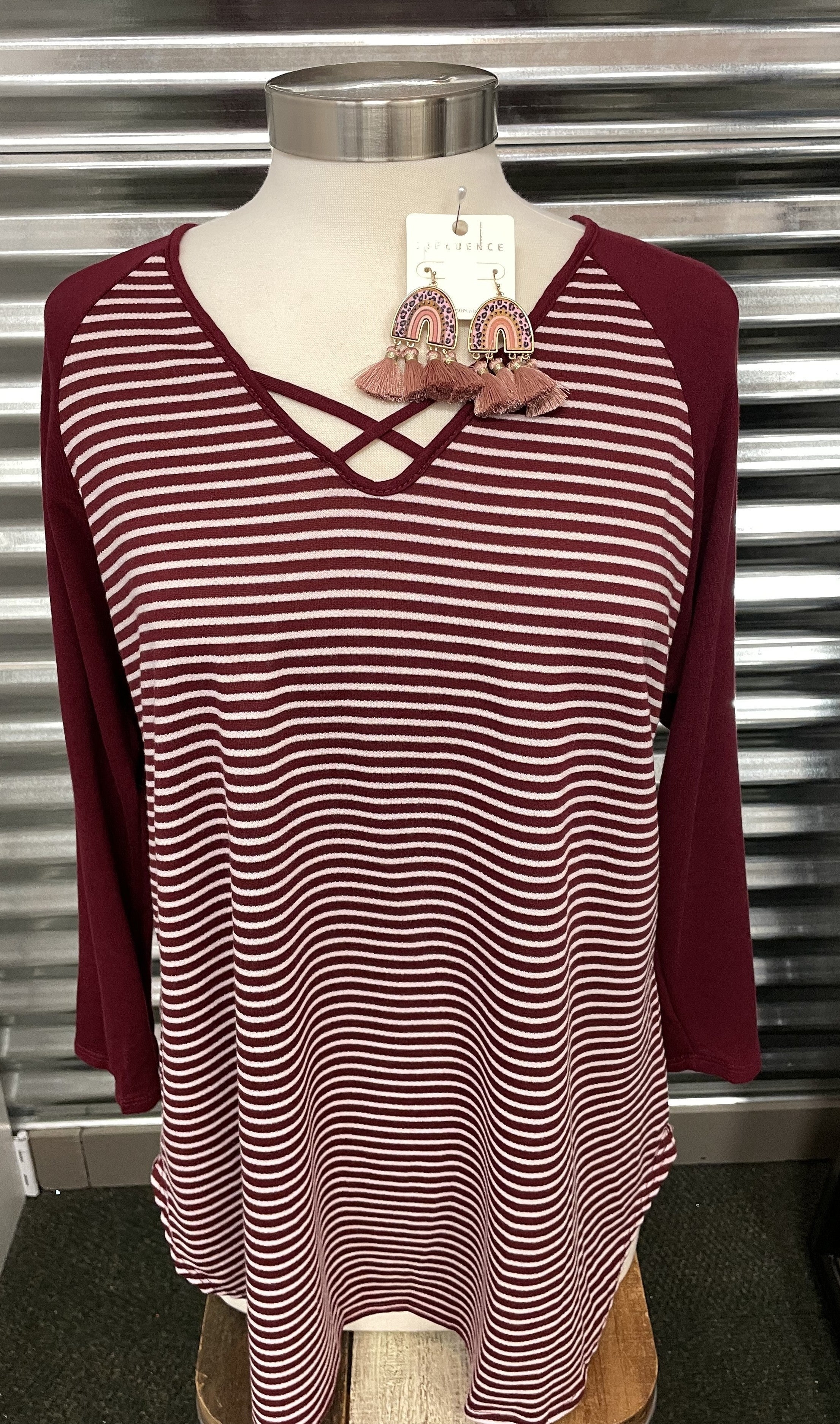 Striped Top w/ Criss-Cross Neckline