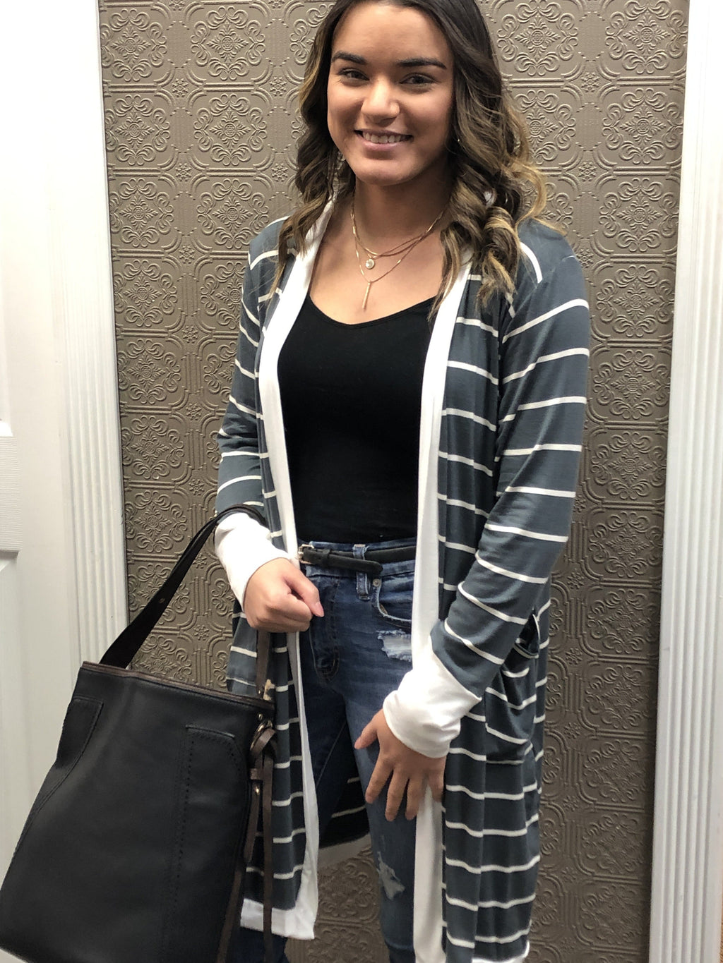 Long Sleeve Stripe Print Open Cardi